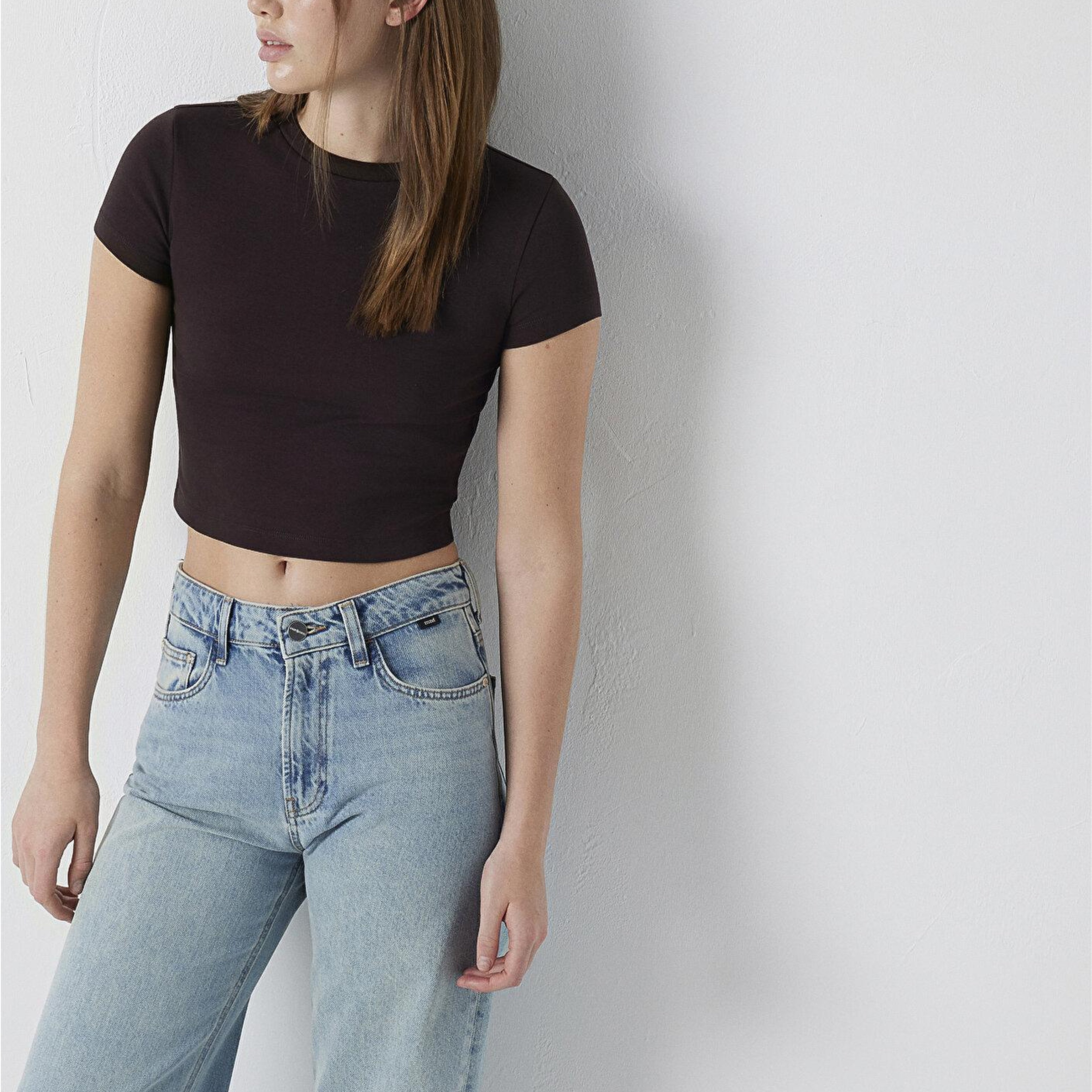 Mavi Kahverengi Basic Tişört Crop / Kısa Kesim 1600814-70240