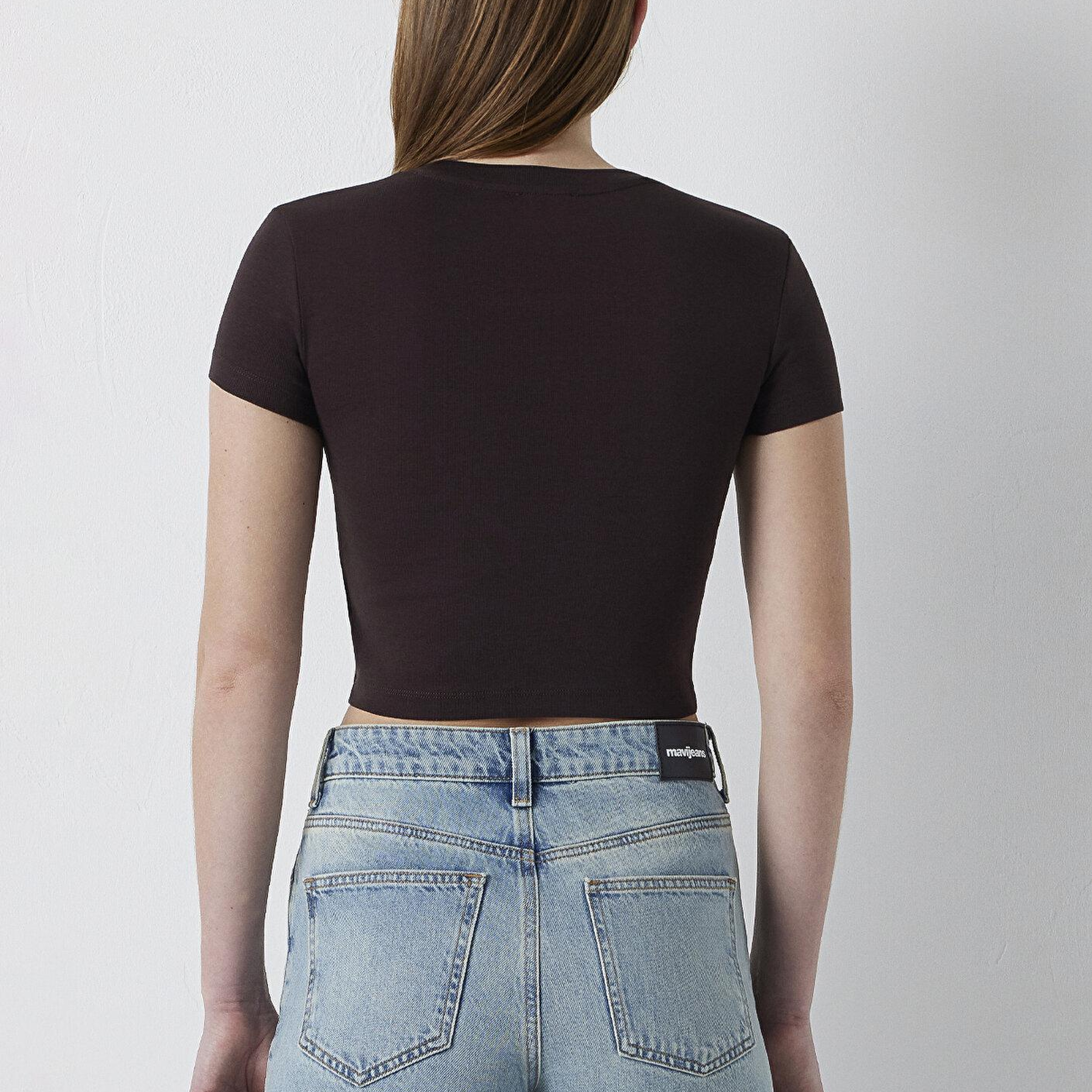 Mavi Kahverengi Basic Tişört Crop / Kısa Kesim 1600814-70240