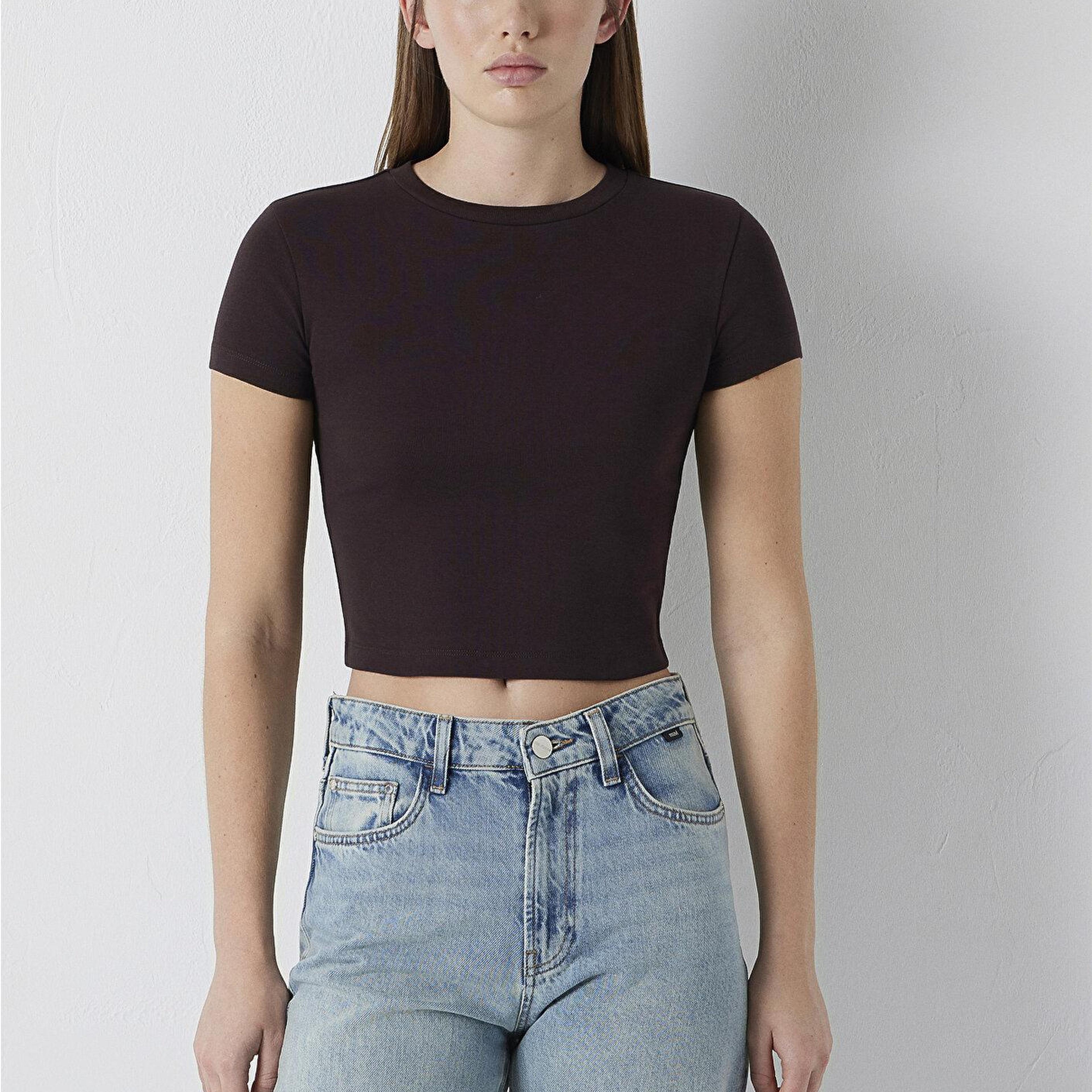 Mavi Kahverengi Basic Tişört Crop / Kısa Kesim 1600814-70240