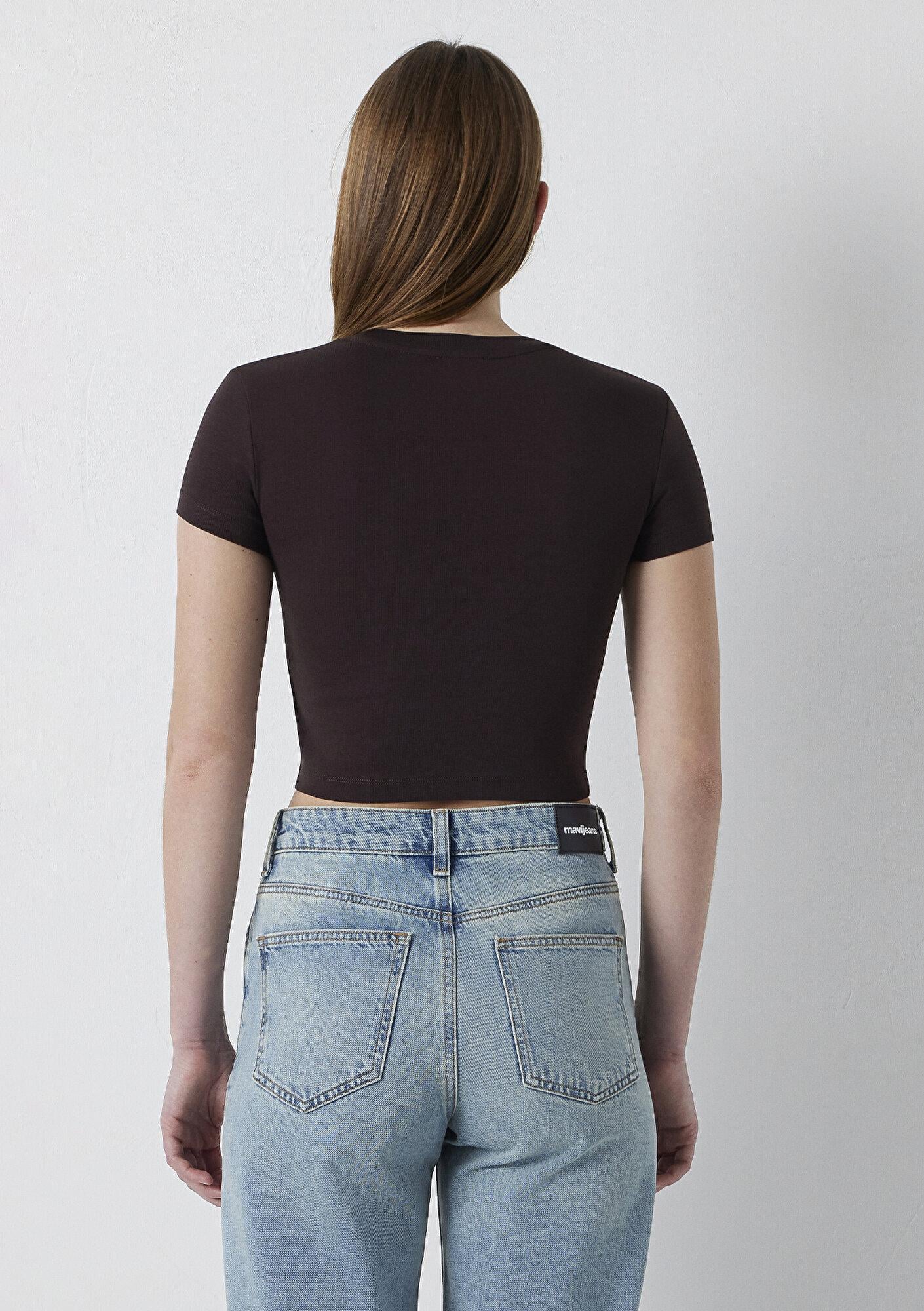 Mavi Kahverengi Basic Tişört Crop / Kısa Kesim 1600814-70240