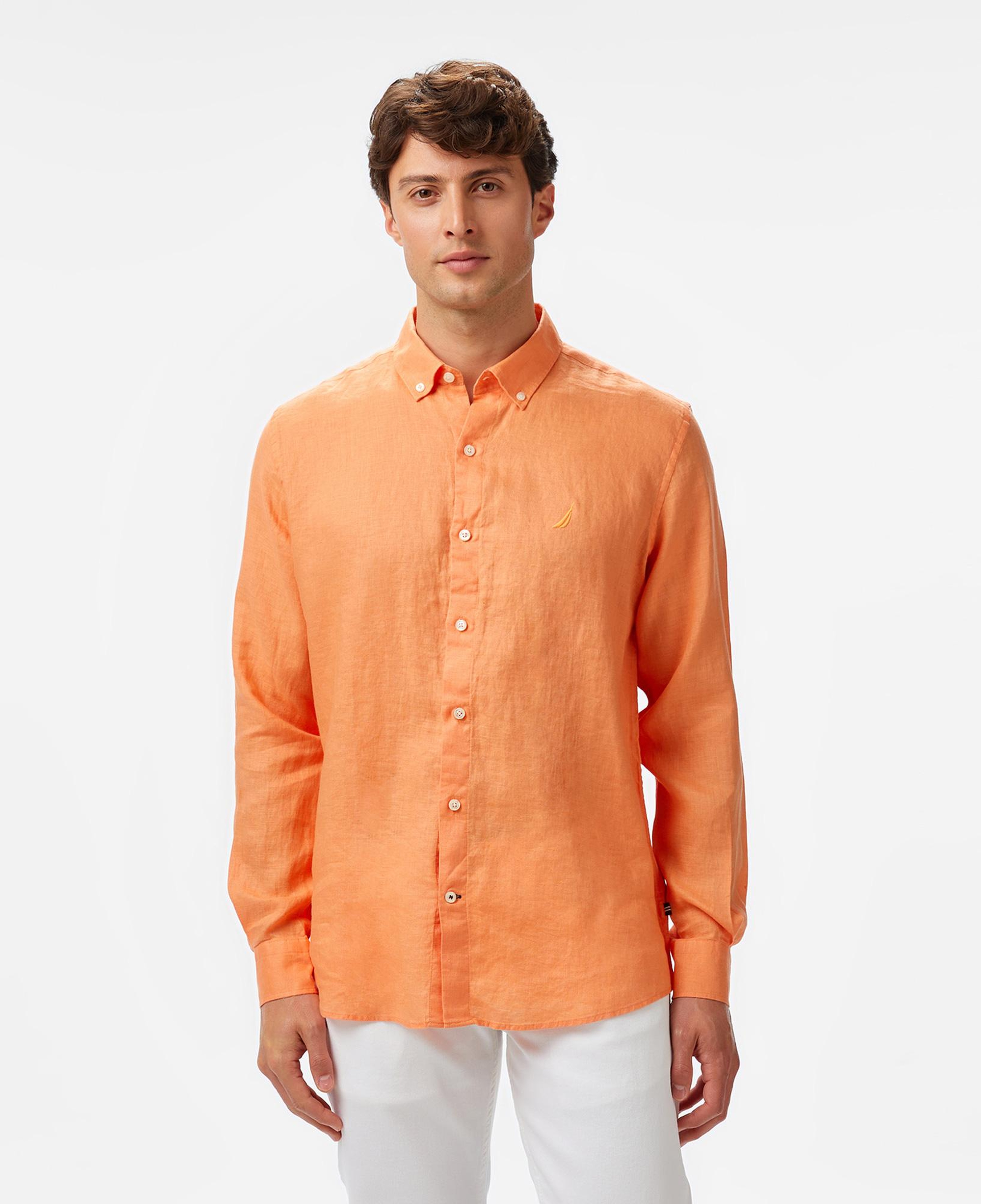 Nautica Erkek Turuncu Classic Fit Keten Gömlek