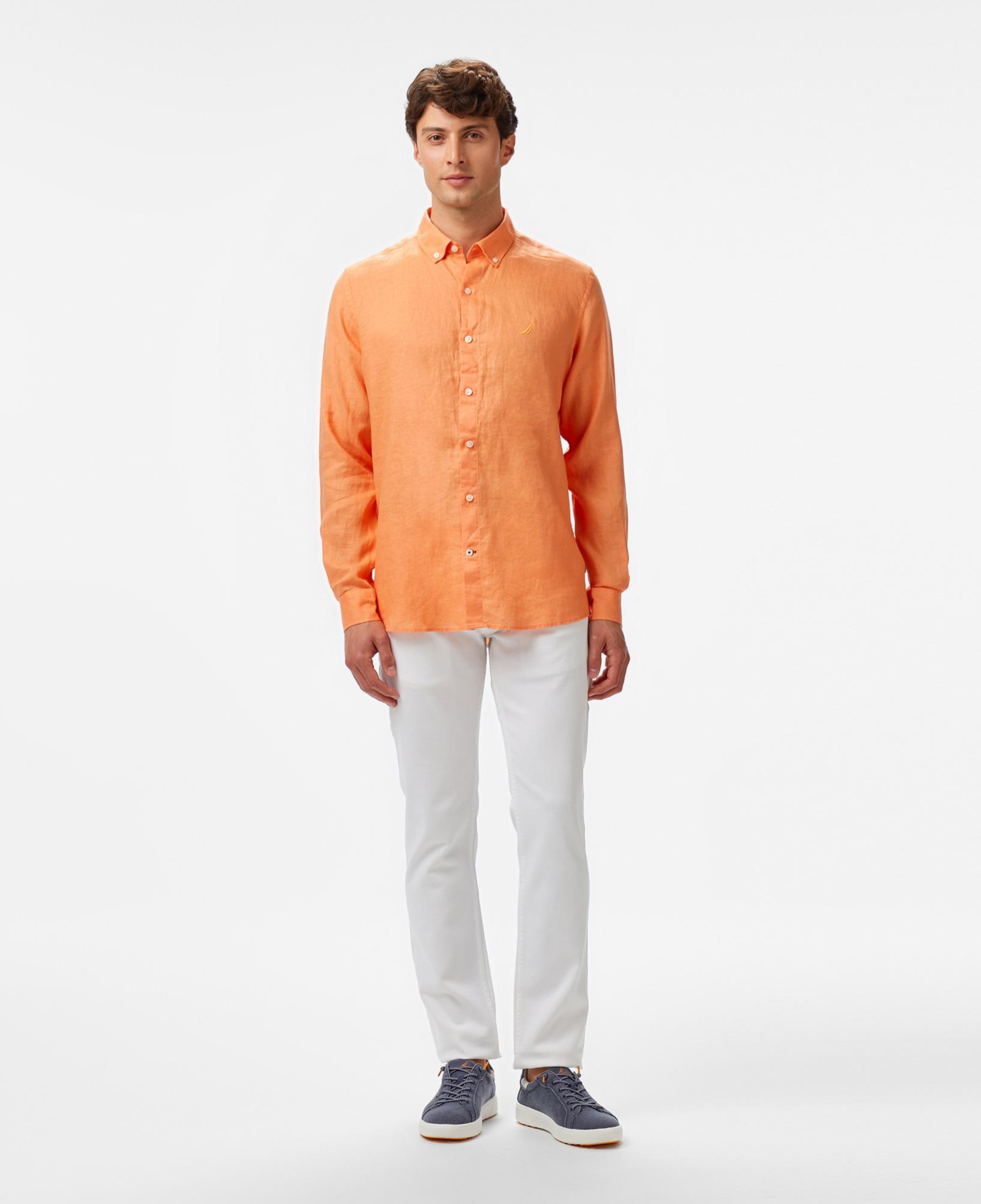 Nautica Erkek Turuncu Classic Fit Keten Gömlek