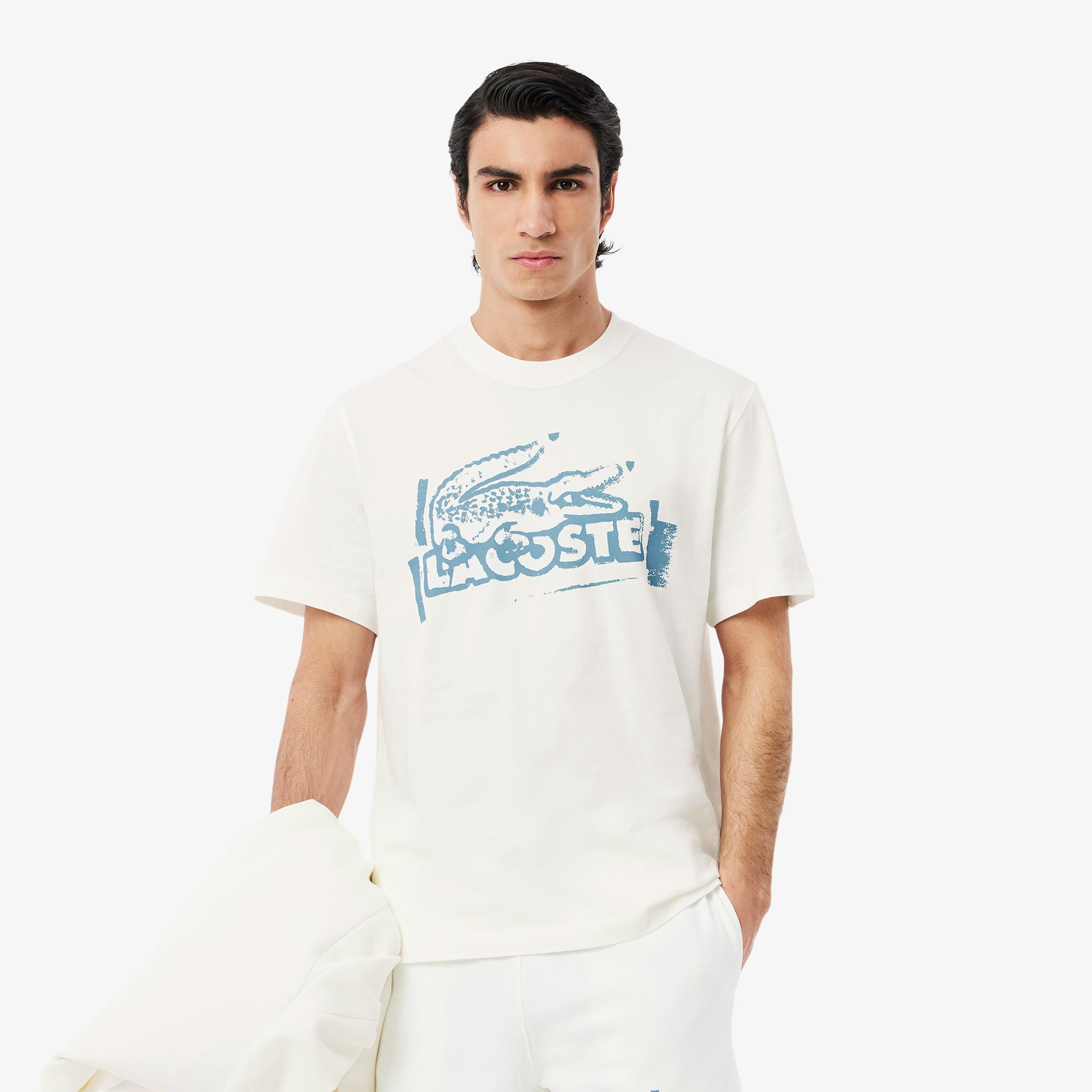 Lacoste Erkek Classic Fit Bisiklet Yaka Baskılı Bej T-Shirt