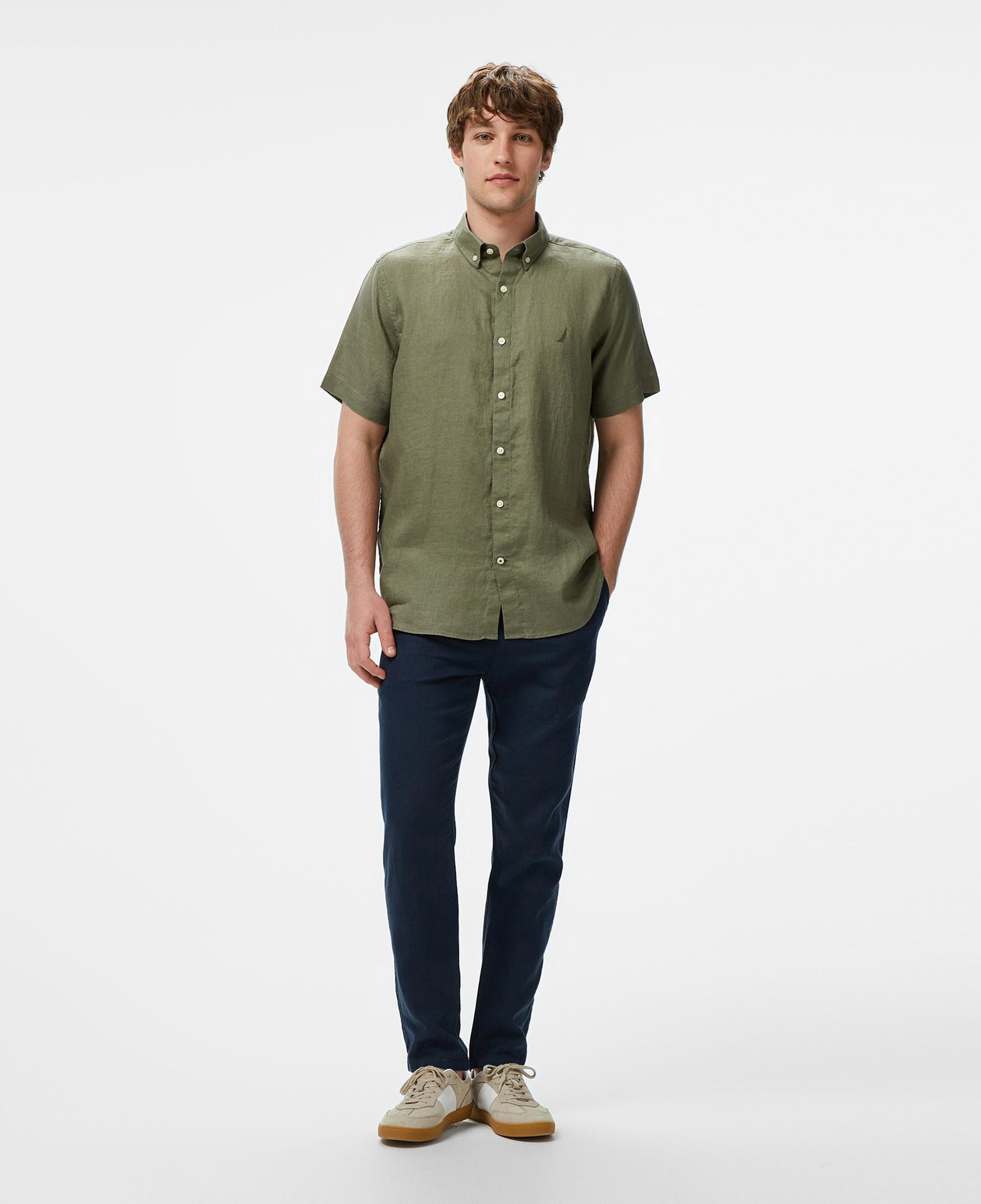 Nautica Erkek Haki Classic Fit Keten Gömlek
