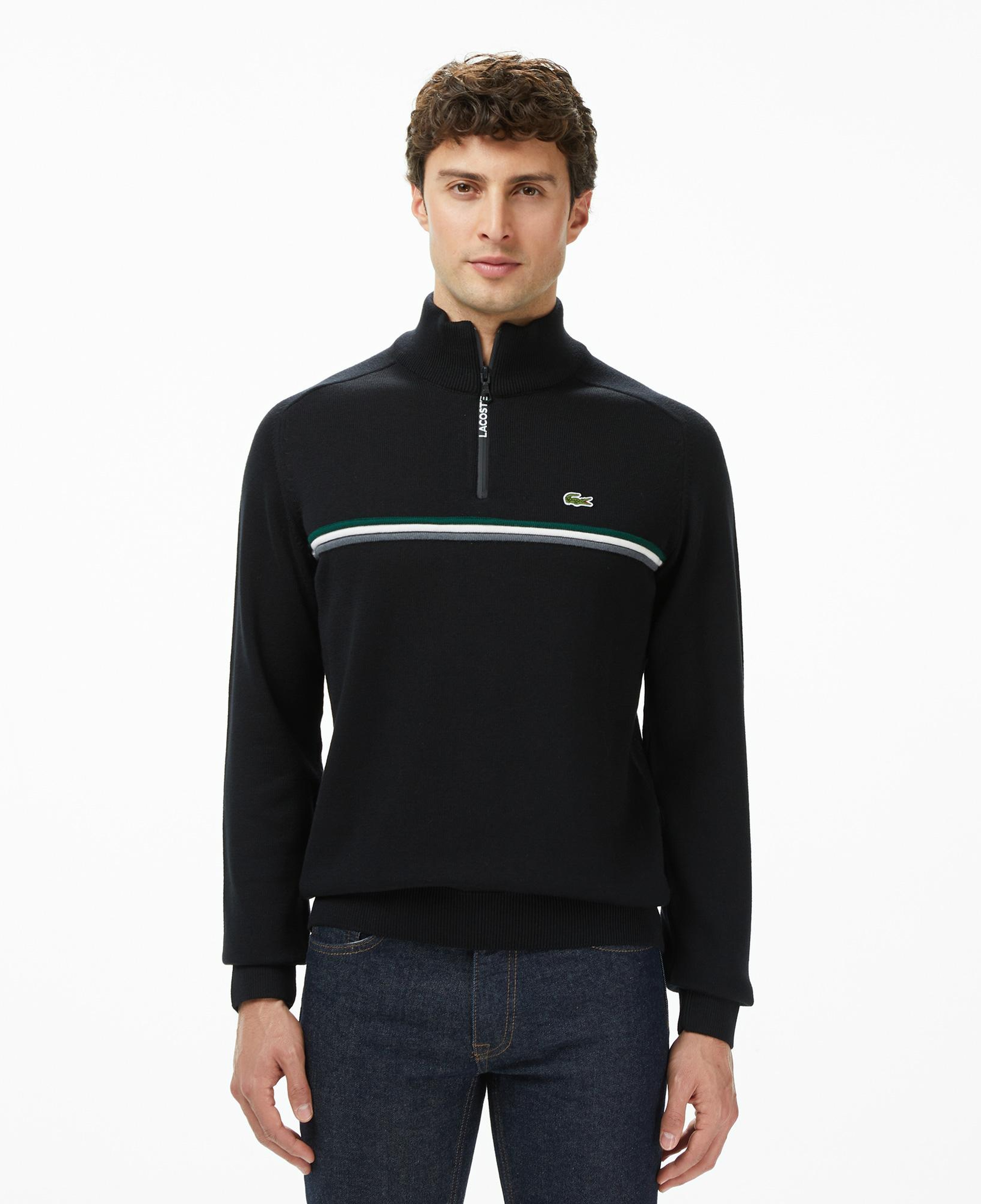 Erkek Classic Fit Yarım Fermuarlı Çizgili Siyah Kazak