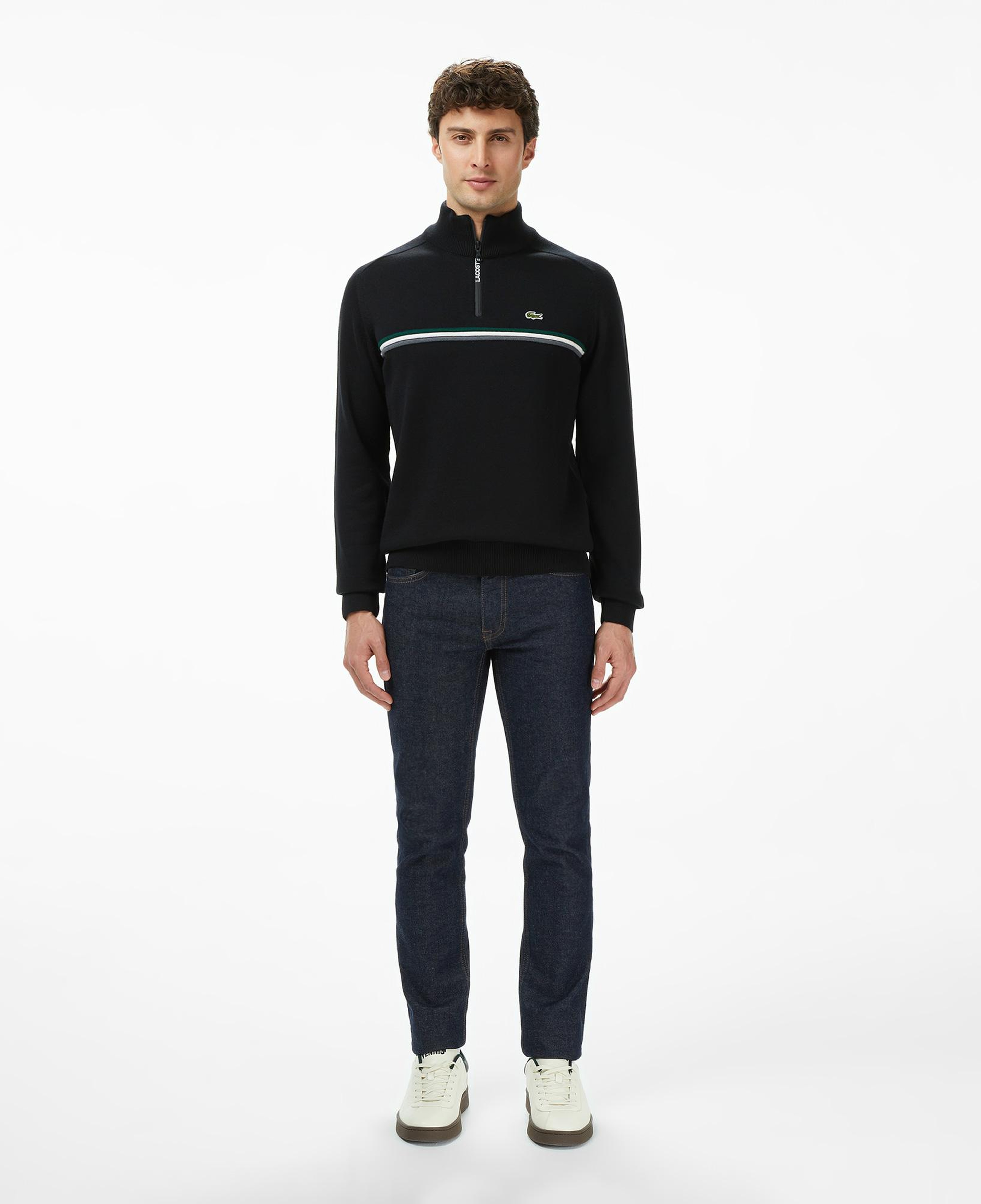 Erkek Classic Fit Yarım Fermuarlı Çizgili Siyah Kazak