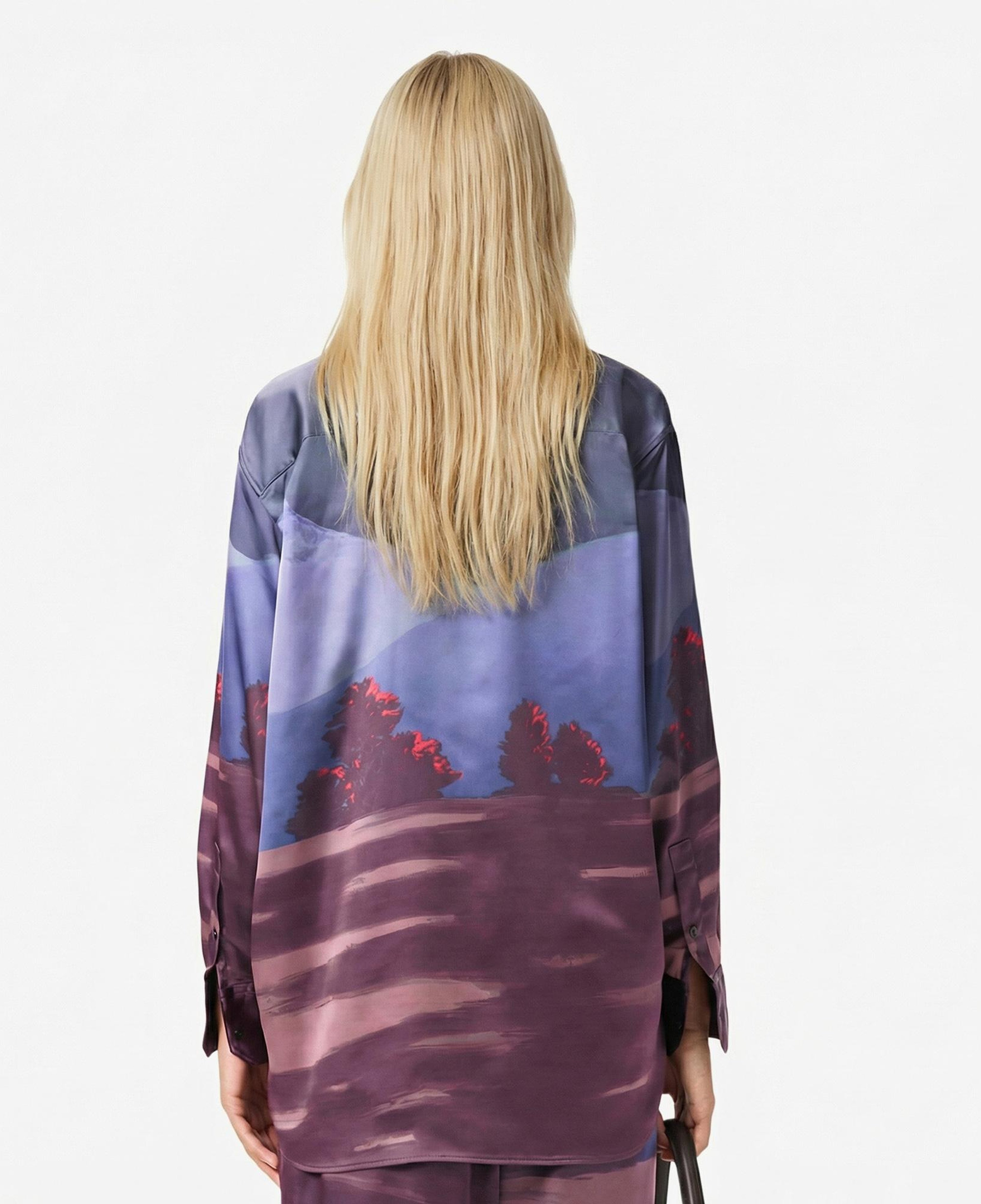 Kadın Oversize Fit Baskılı Mor Saten Gömlek