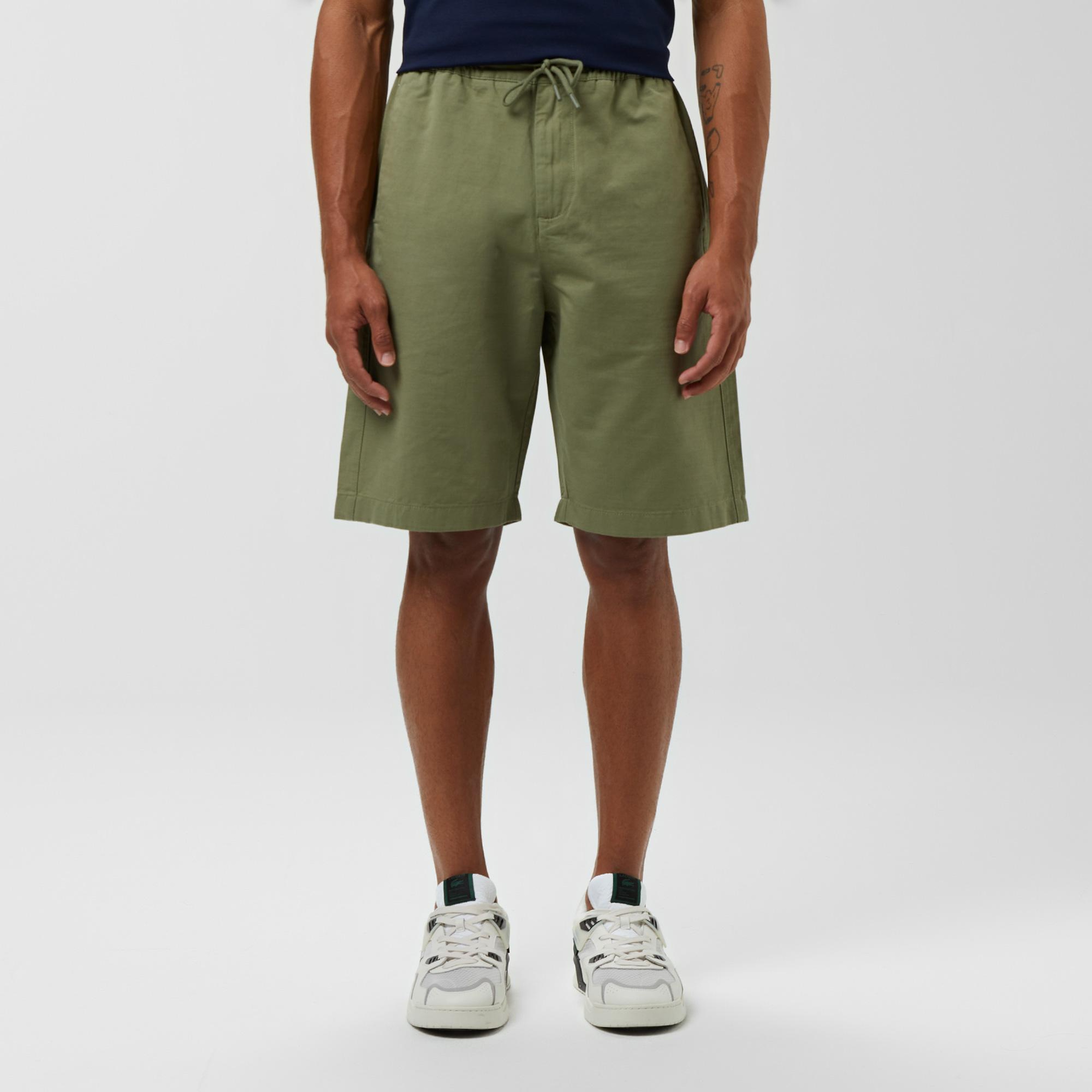 Erkek Relaxed Fit Haki Keten Karışımlı Bermuda Şort