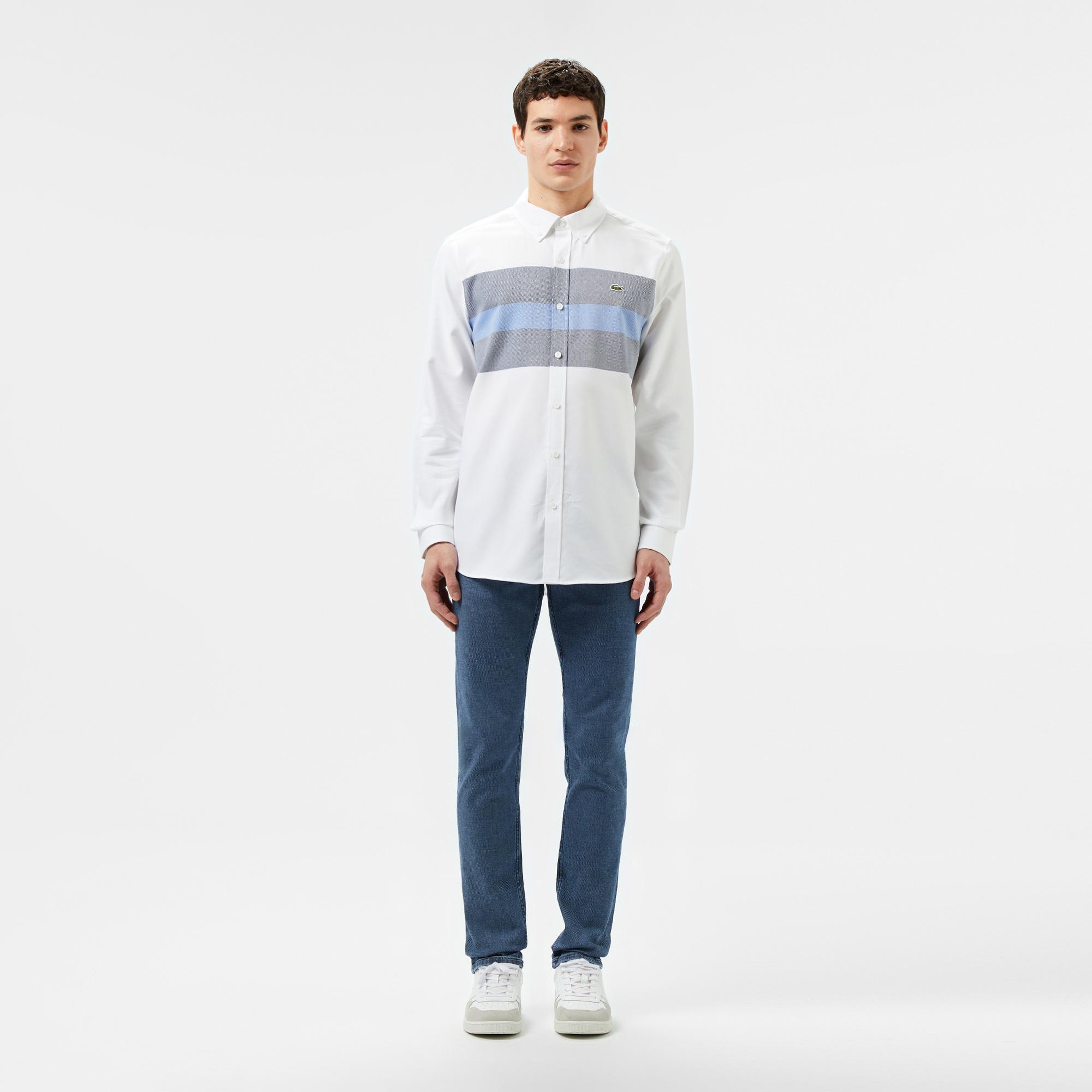 Erkek Slim Fit Renk Bloklu Beyaz Gömlek
