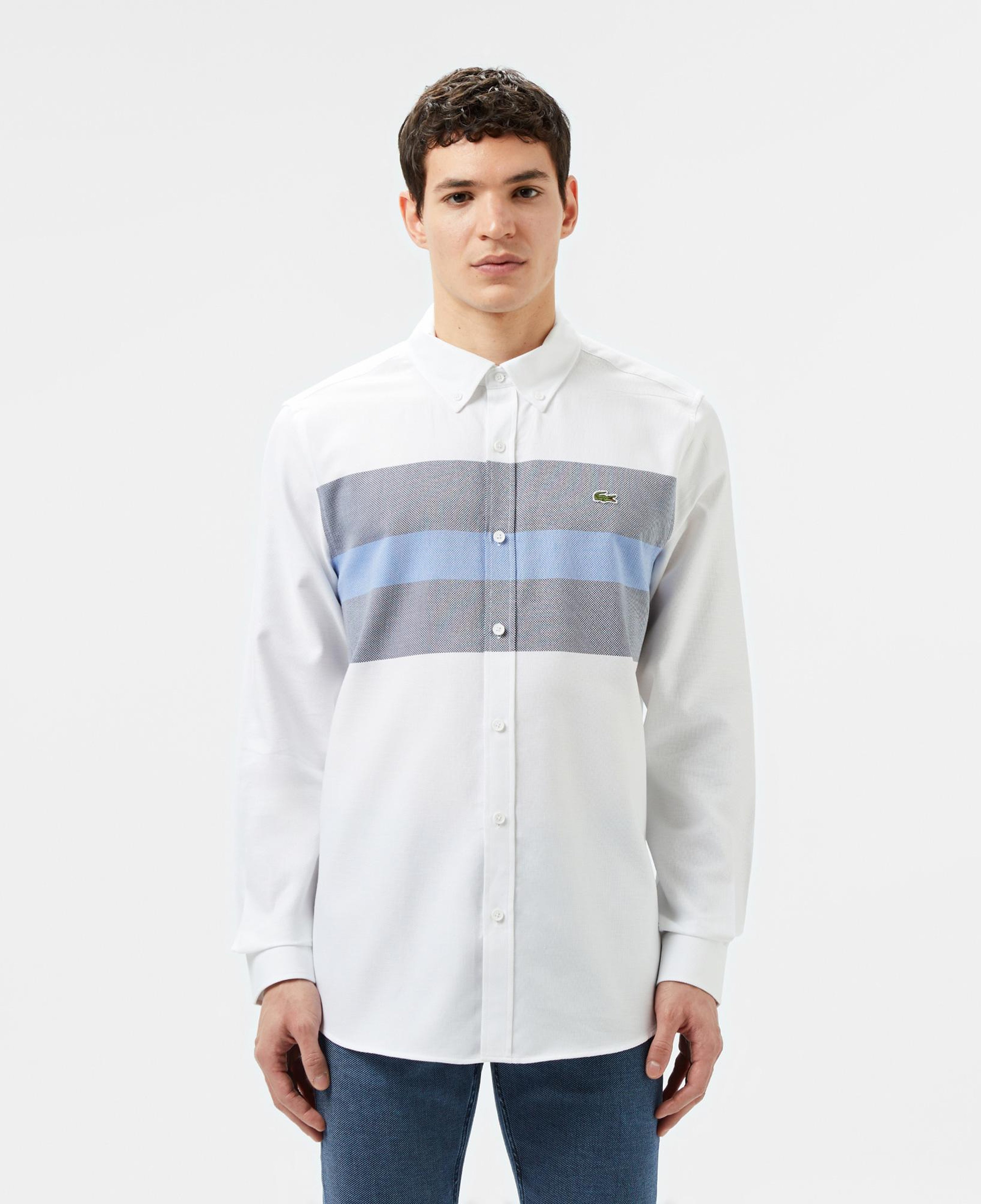 Erkek Slim Fit Renk Bloklu Beyaz Gömlek