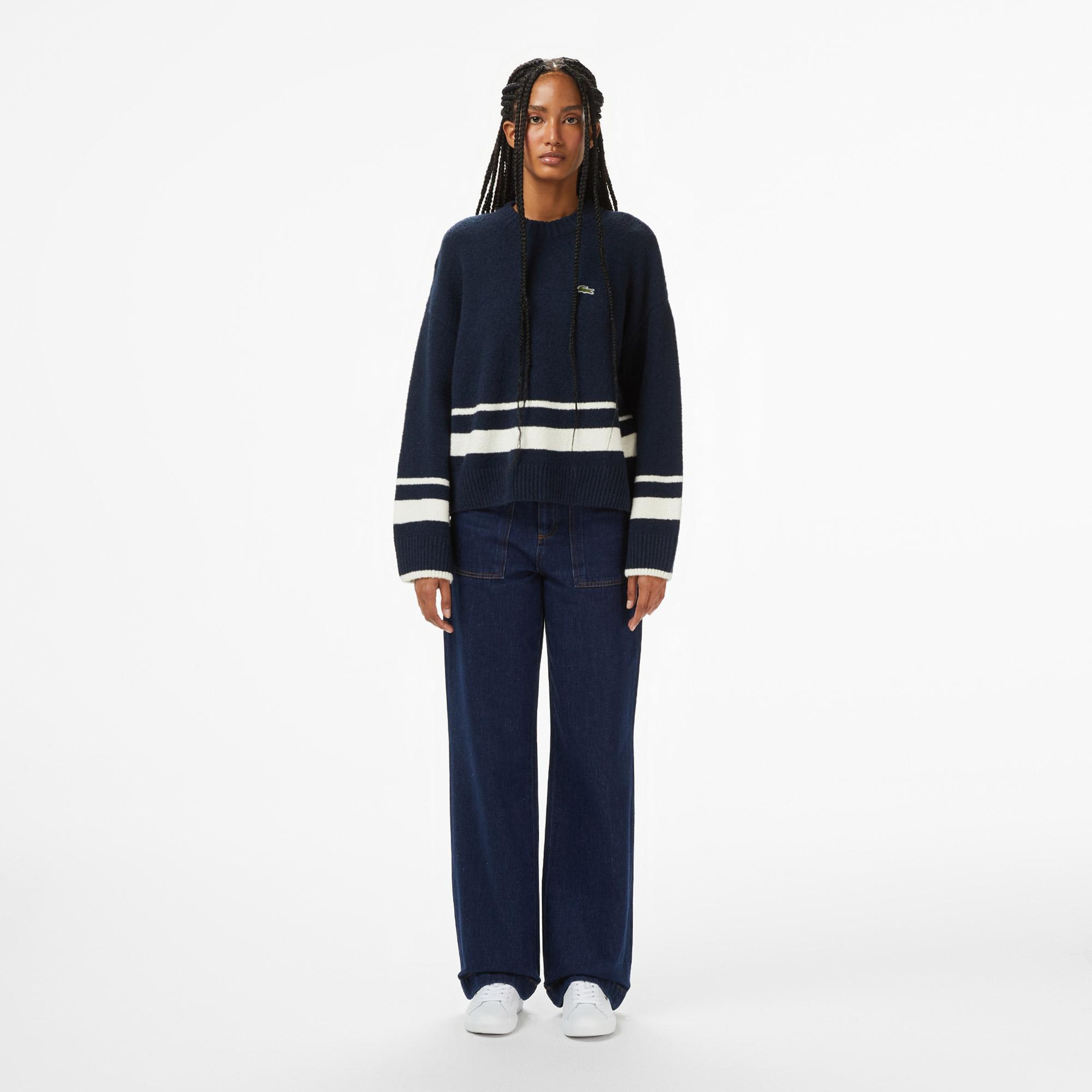Kadın Loose Fit Bisiklet Yaka Çizgili Lacivert Kazak