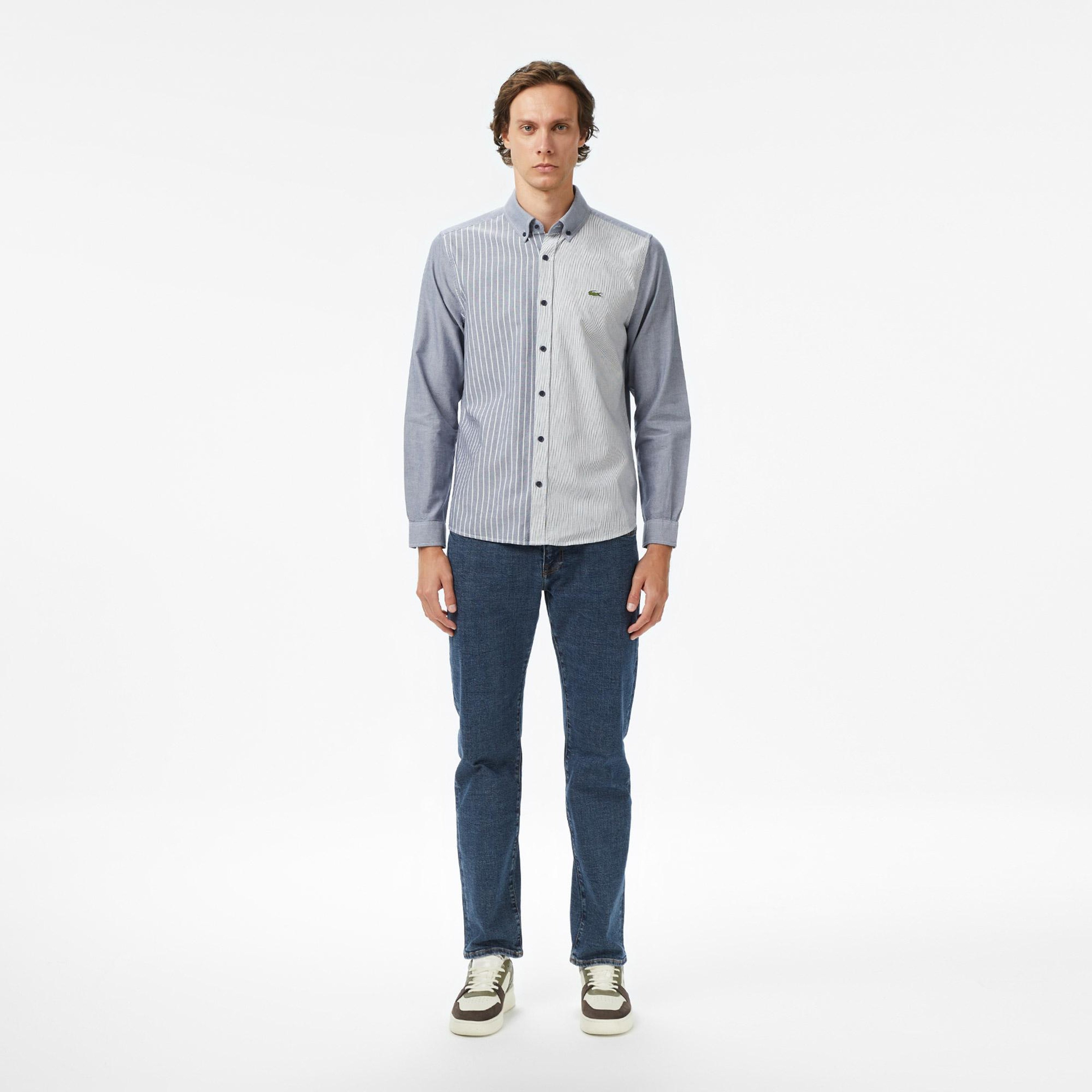 Erkek Slim Fit Düğmeli Yaka Renk Bloklu Lacivert Gömlek