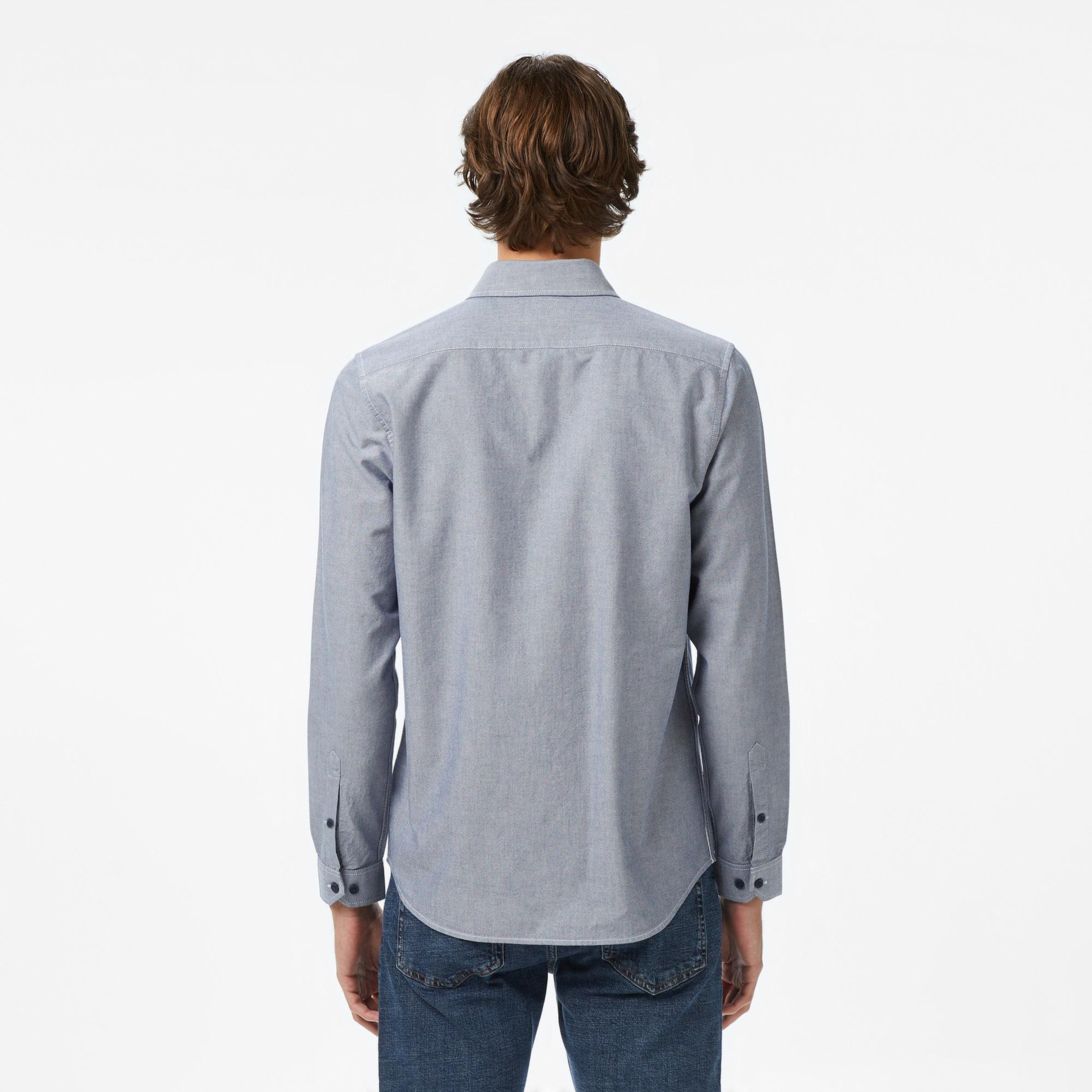 Erkek Slim Fit Düğmeli Yaka Renk Bloklu Lacivert Gömlek