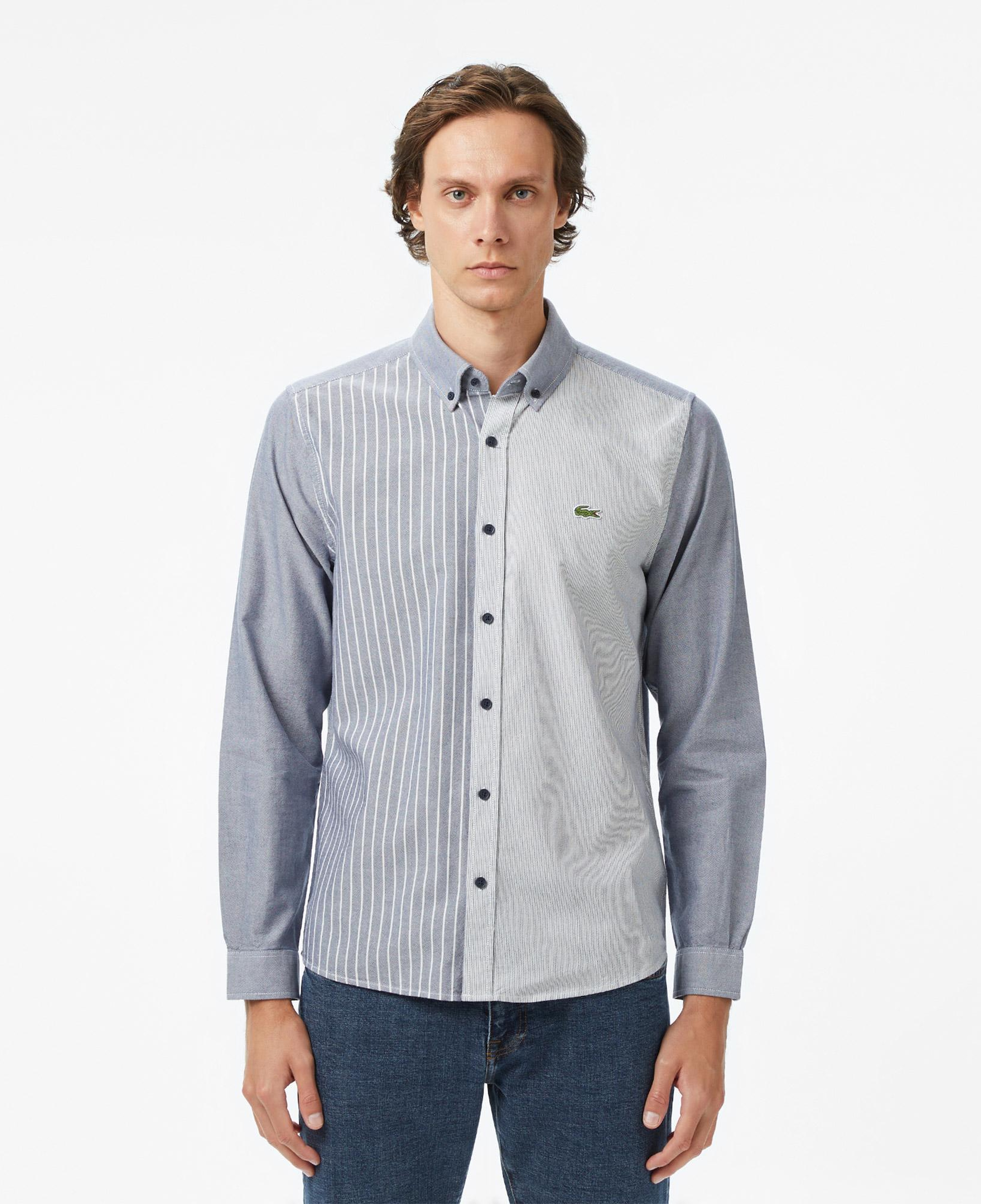Erkek Slim Fit Düğmeli Yaka Renk Bloklu Lacivert Gömlek