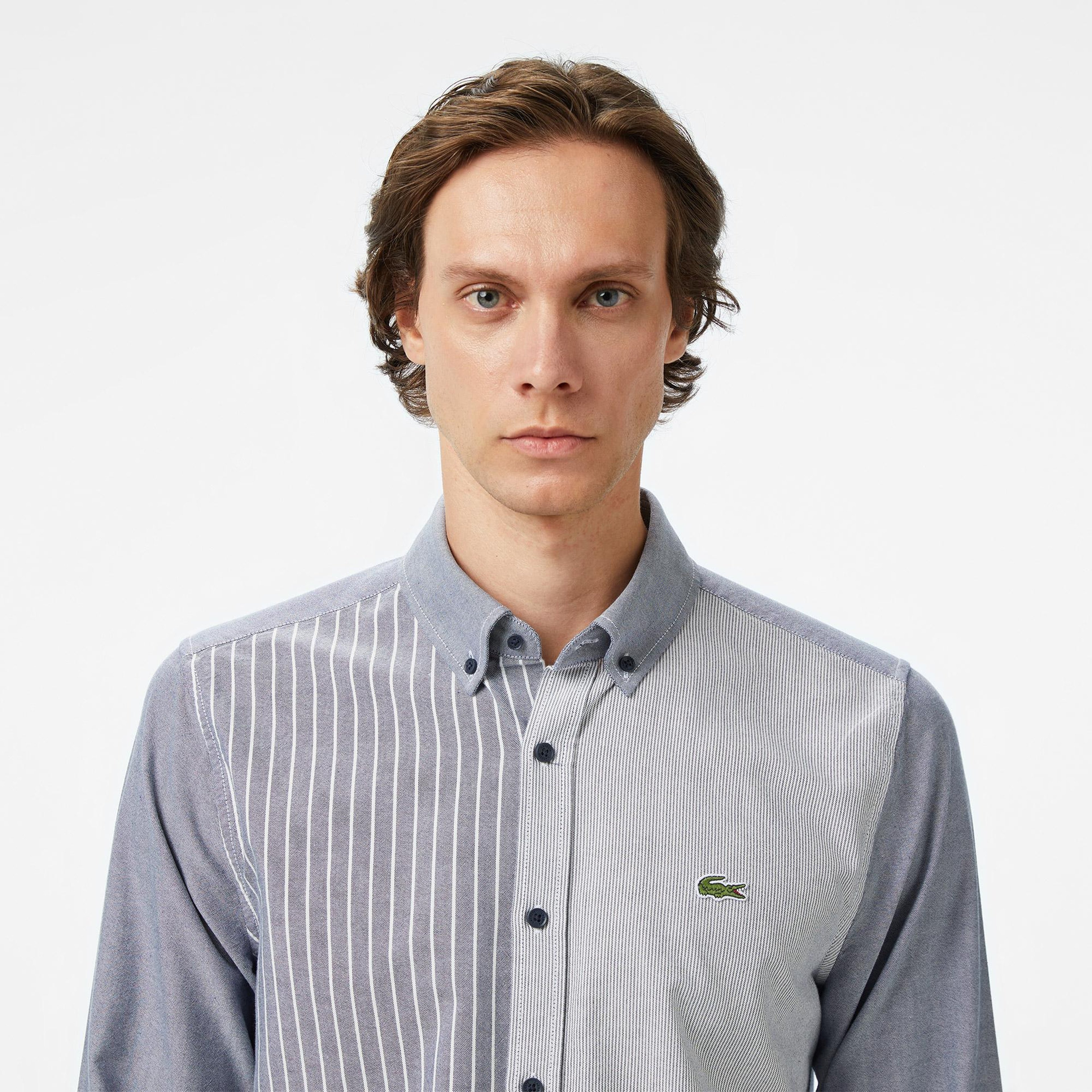 Erkek Slim Fit Düğmeli Yaka Renk Bloklu Lacivert Gömlek