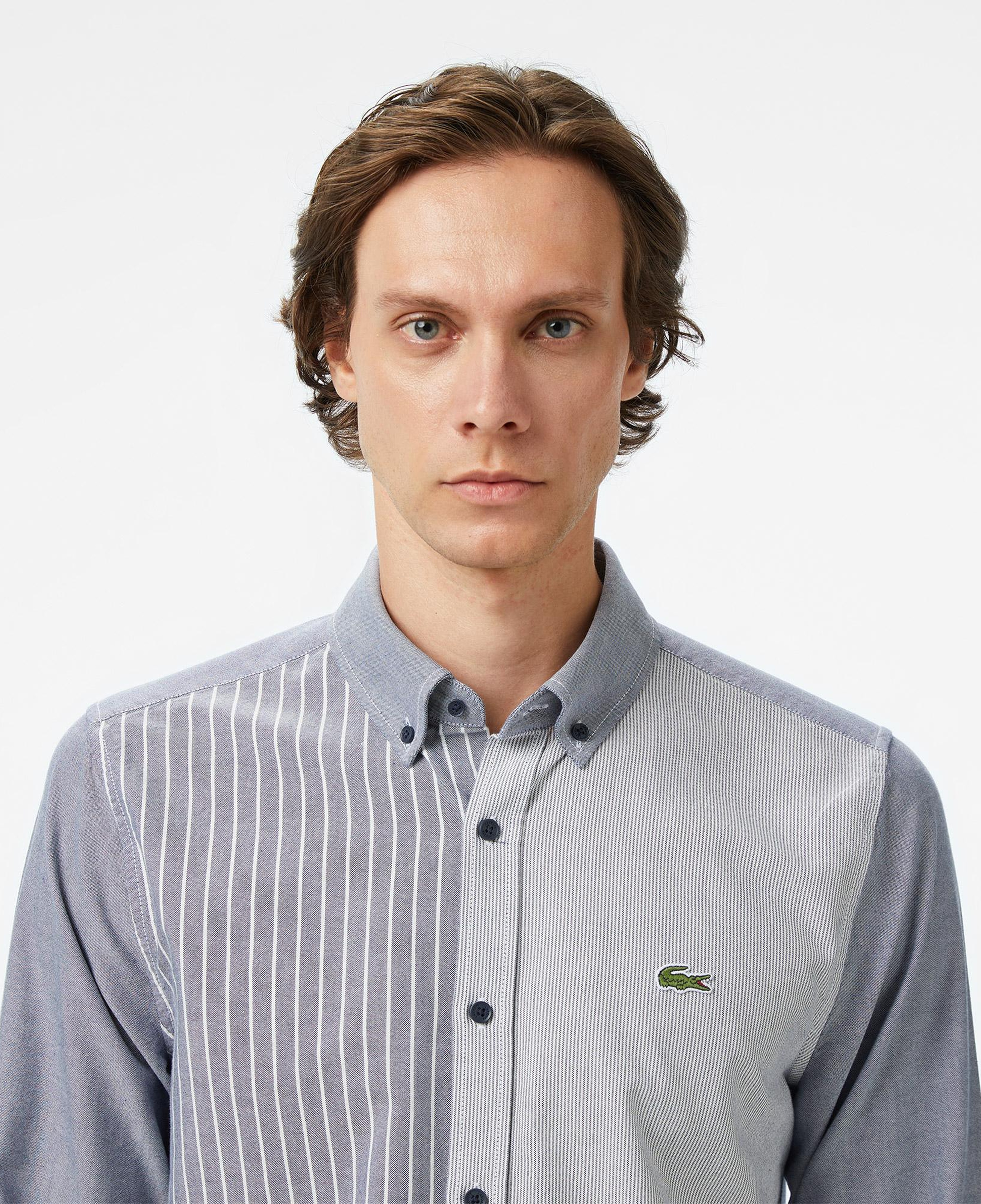 Erkek Slim Fit Düğmeli Yaka Renk Bloklu Lacivert Gömlek