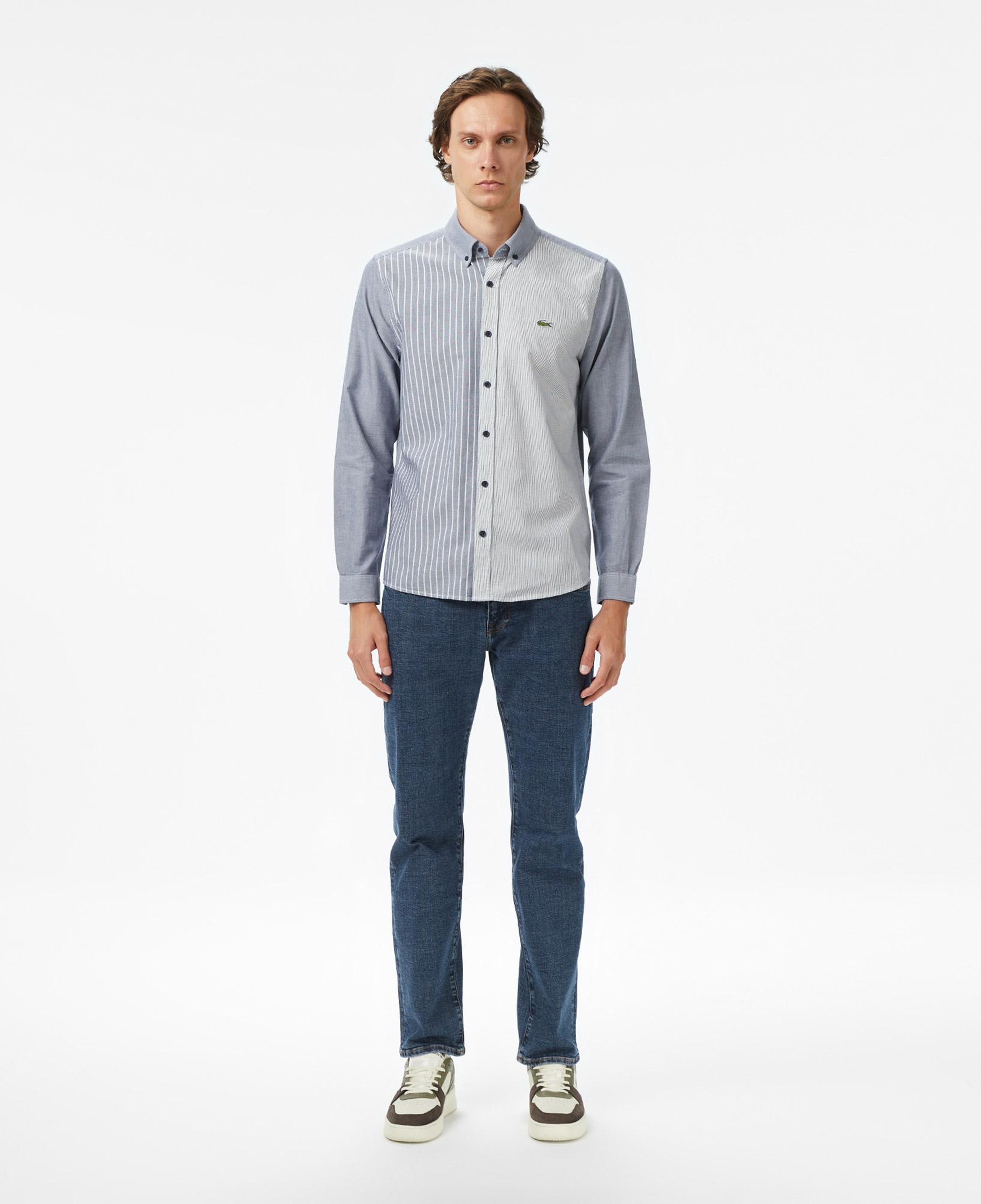 Erkek Slim Fit Düğmeli Yaka Renk Bloklu Lacivert Gömlek