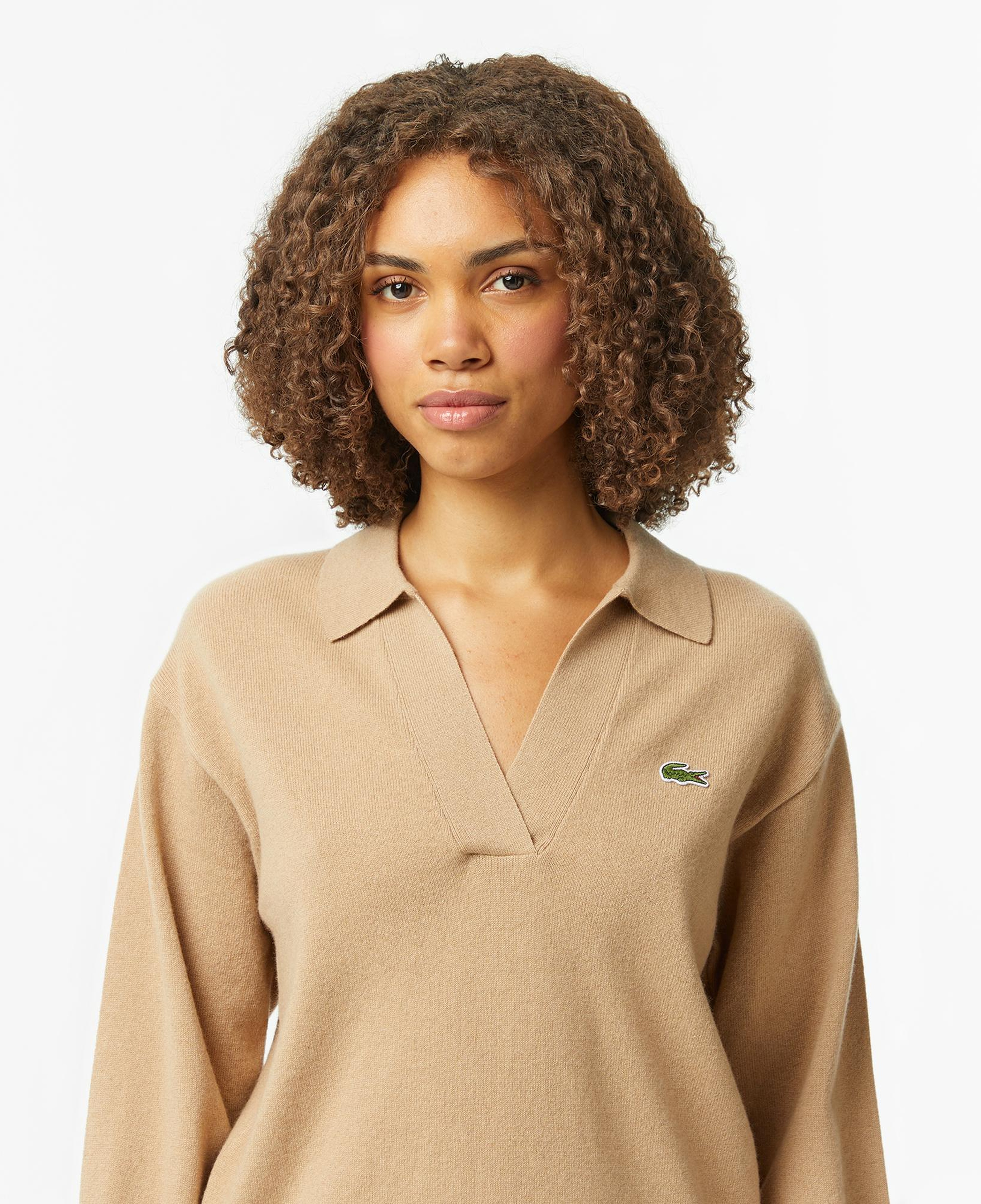 Kadın Classic Fit Polo Yaka Bej Kazak