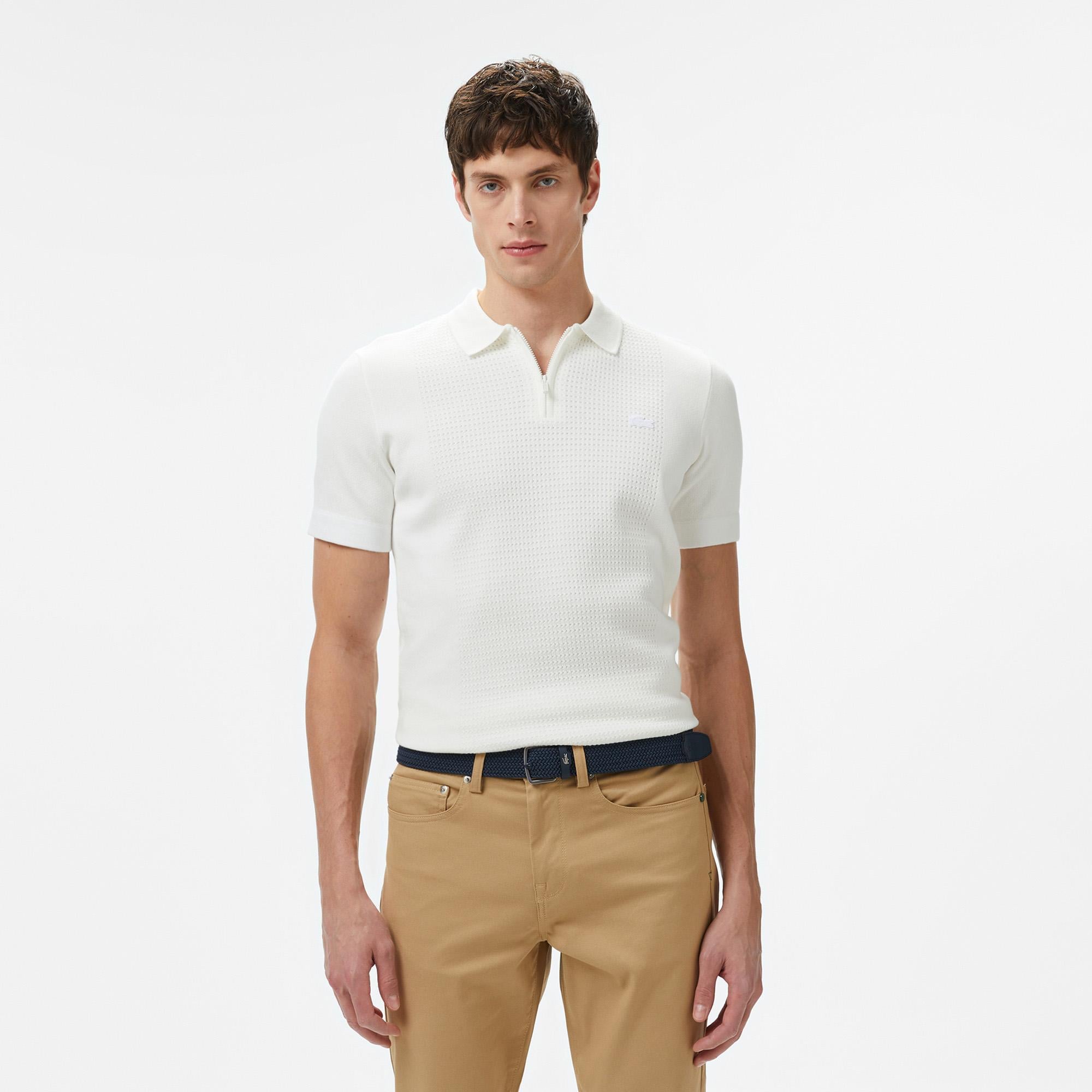 Lacoste Erkek Kısa Kollu Yarım Fermuarlı Beyaz Triko