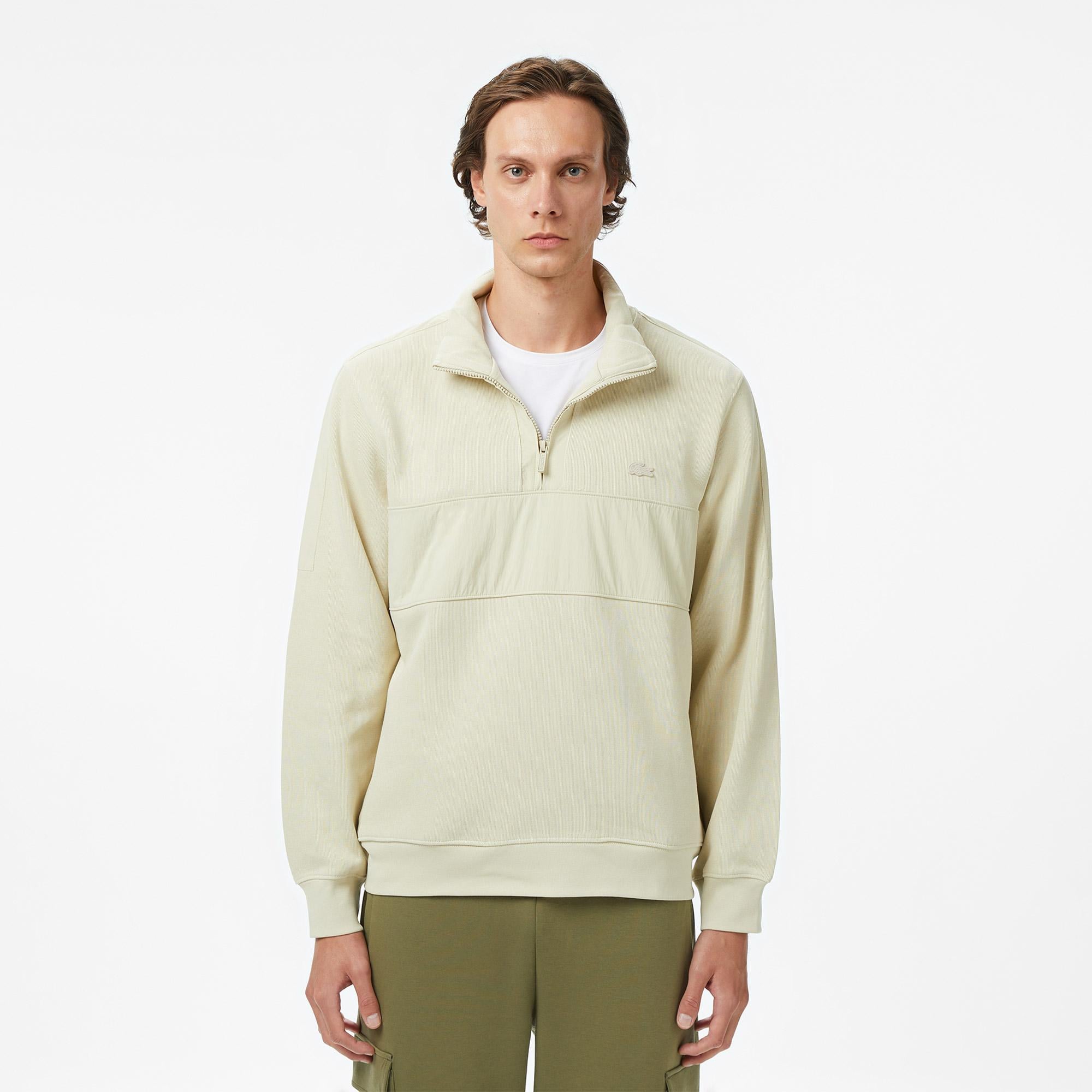 Lacoste Classic Fit Yarım Fermuarlı Desenli Erkek Bej Sweatshirt
