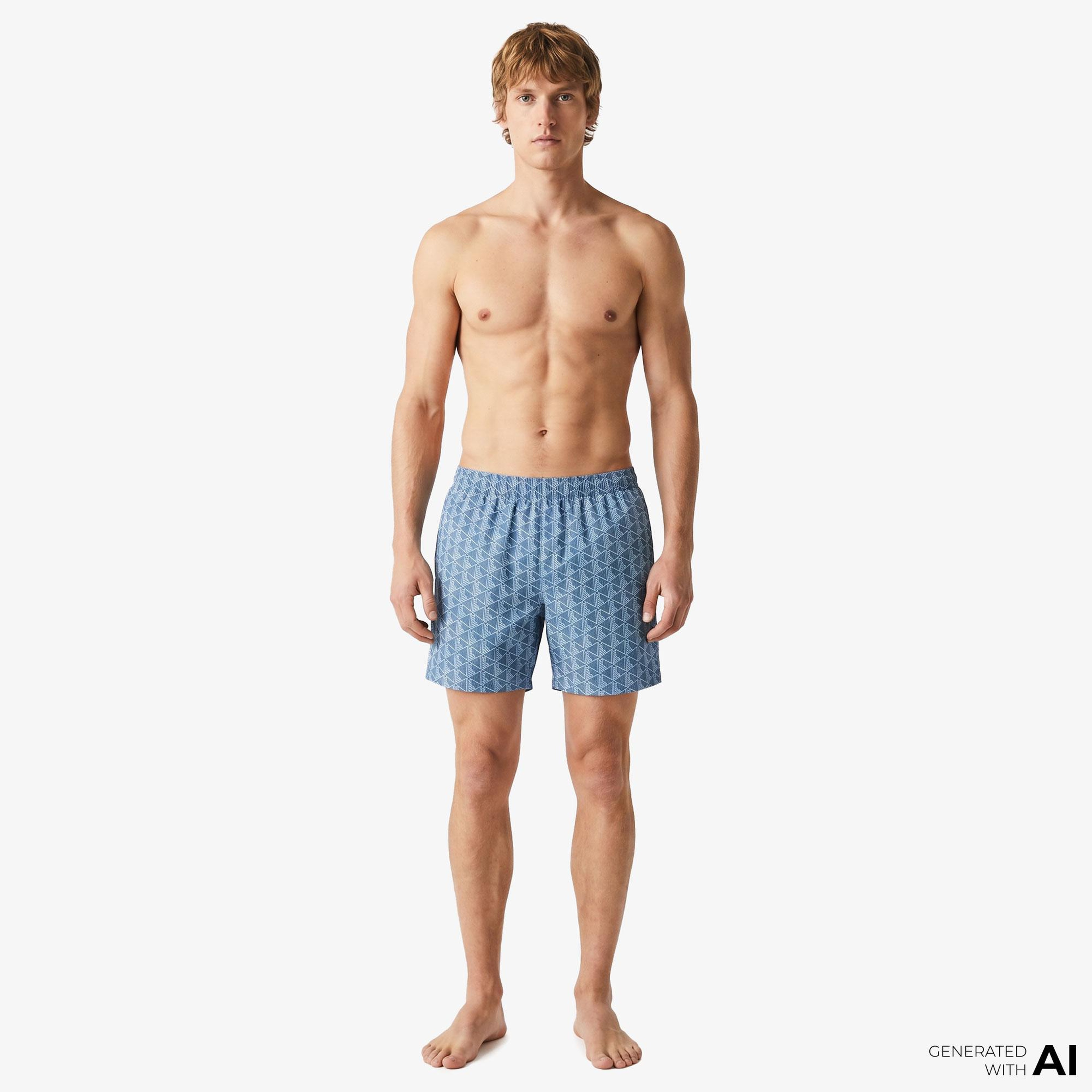 Lacoste Mid Monogram Print Swim Erkek Mavi Deniz Şortu