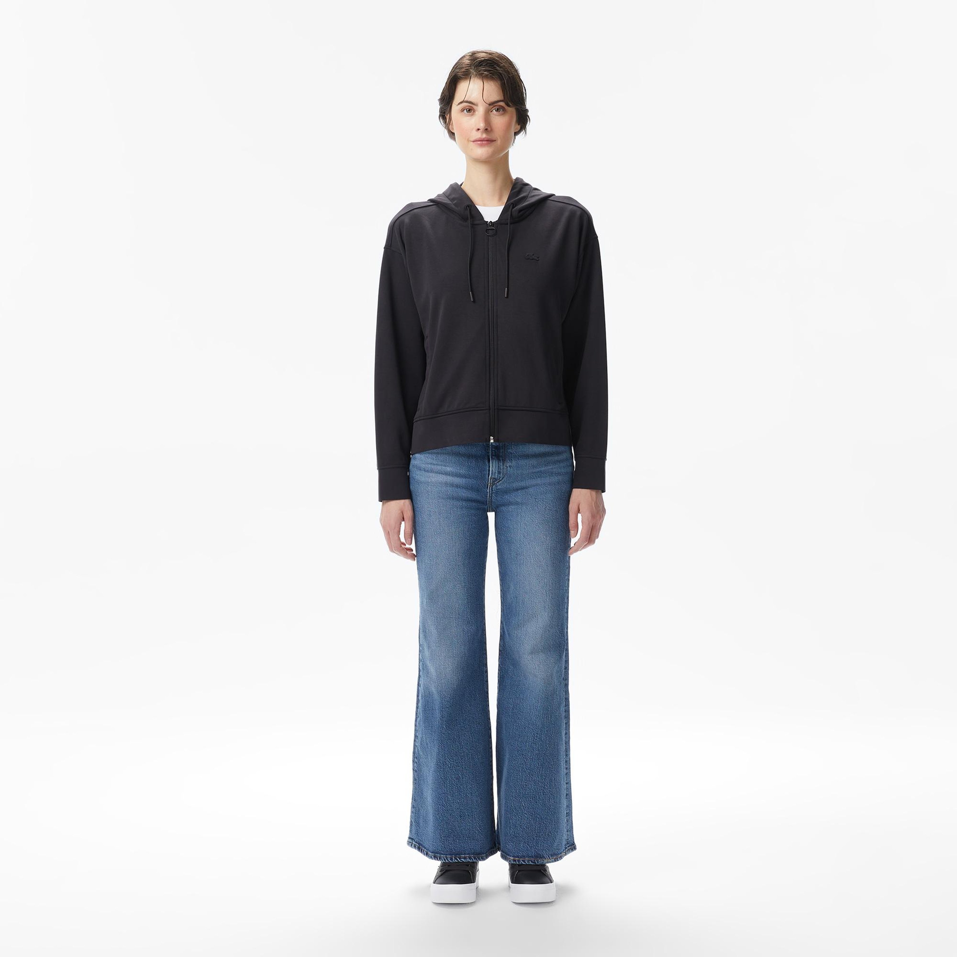 Lacoste Kadın Relaxed Fit Kapüşonlu Siyah Modal Karışımlı Sweatshirt