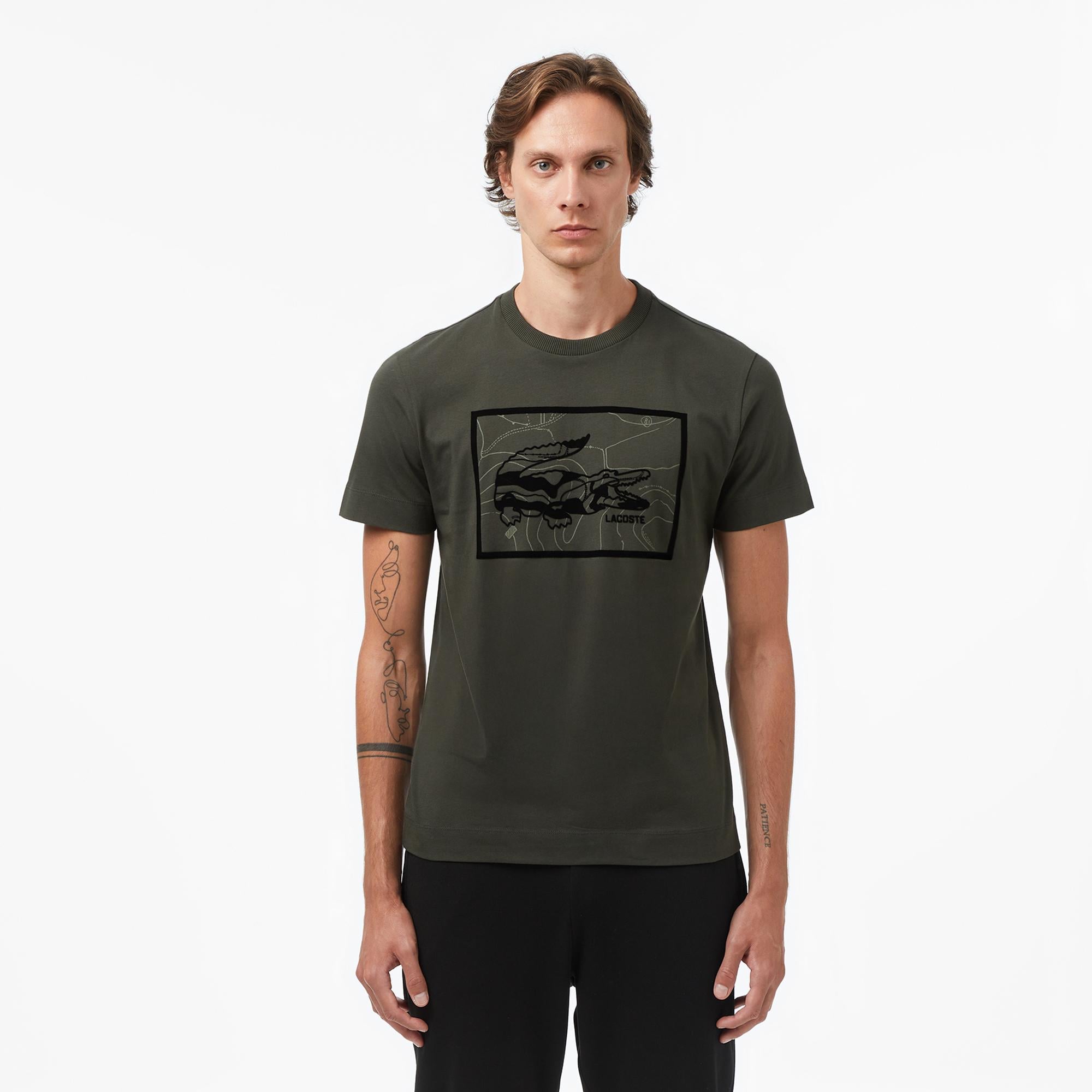 Erkek Bisiklet Yaka Baskılı Haki T-Shirt