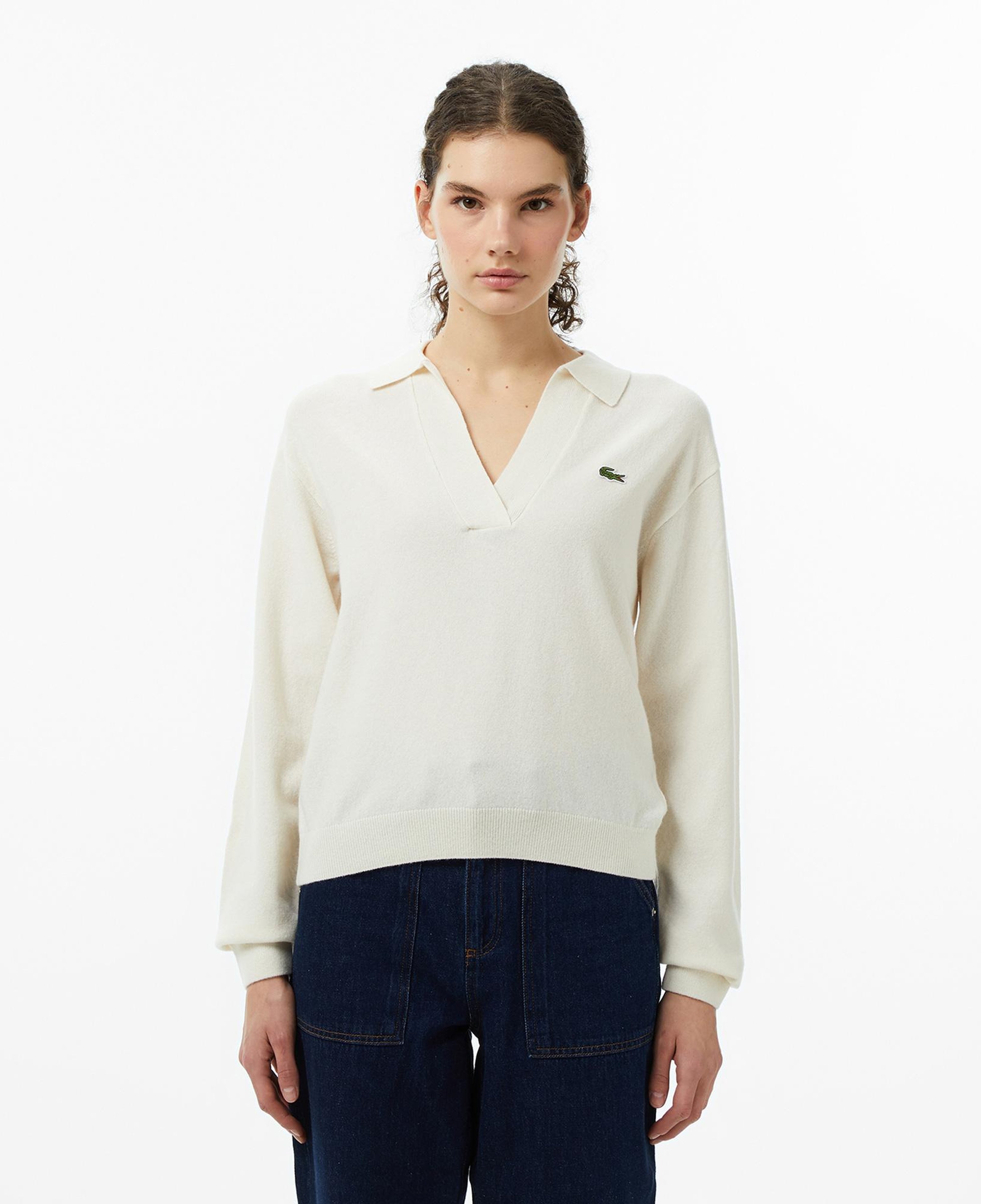Kadın Classic Fit Polo Yaka Krem Kazak