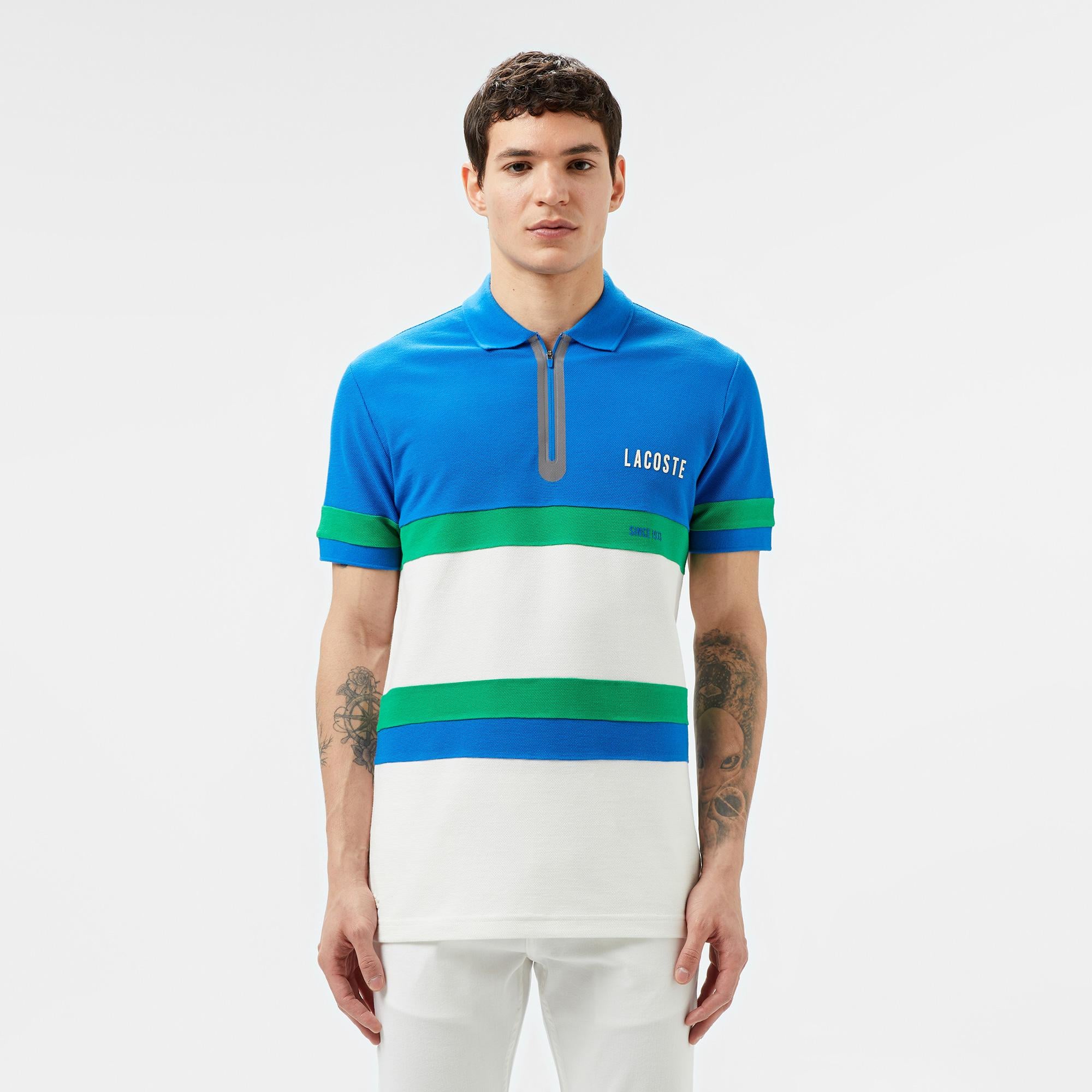Erkek Regular Fit Yarım Fermuarlı Renk Bloklu Beyaz Polo