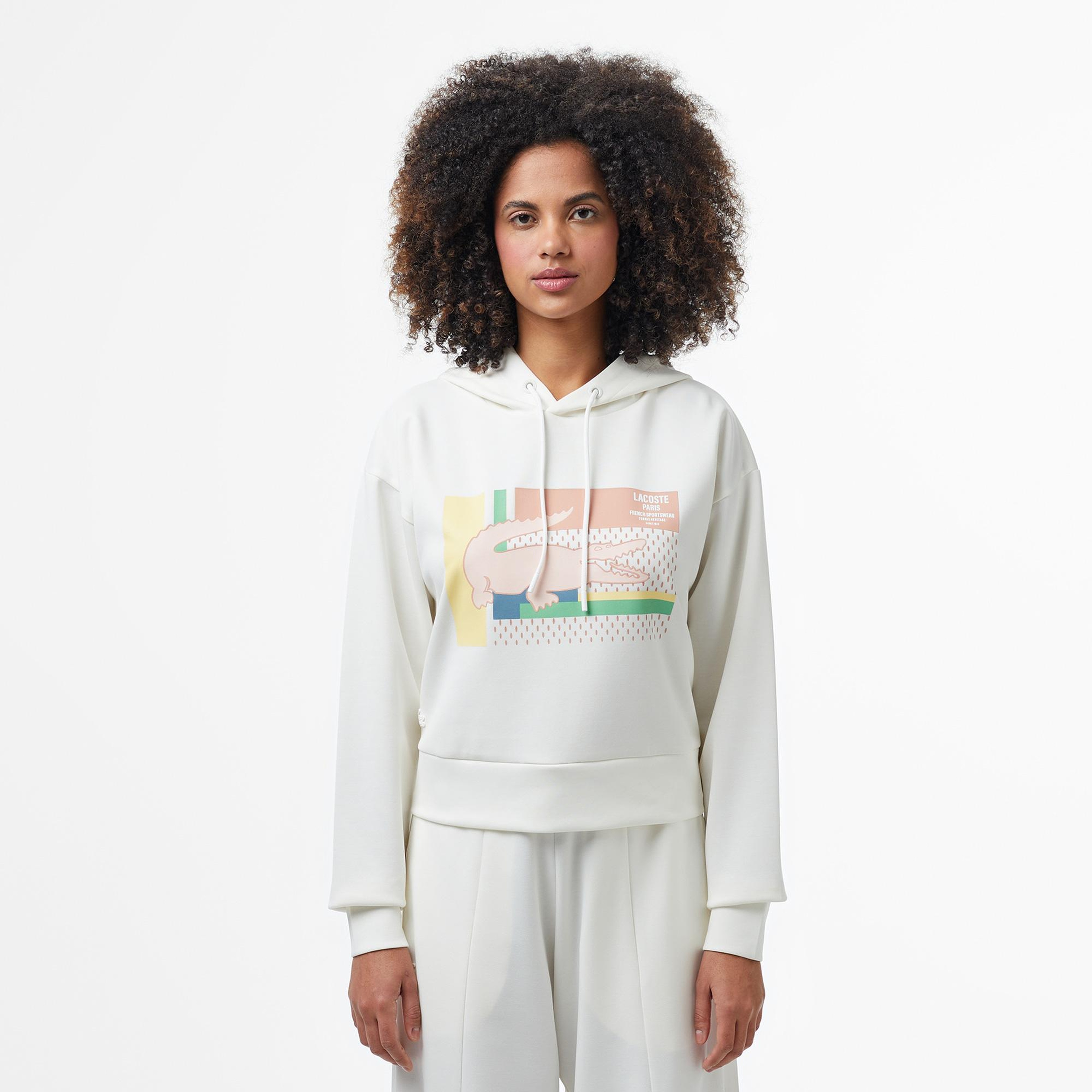 Kadın Relaxed Fit Kapüşonlu Baskılı Beyaz Modal Karışımlı Sweatshirt