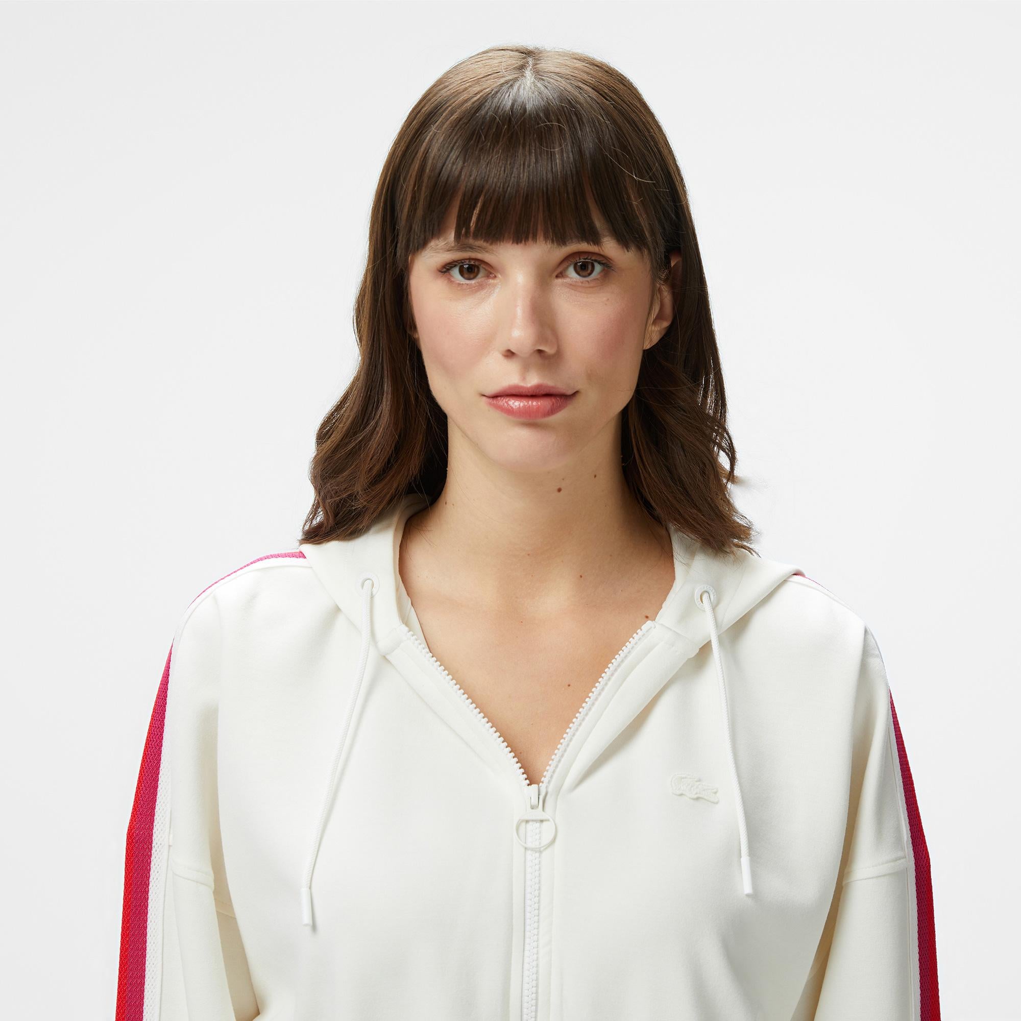 Kadın Crop Fit Fermuarlı Renk Bloklu Beyaz Modal Karışımlı Sweatshirt
