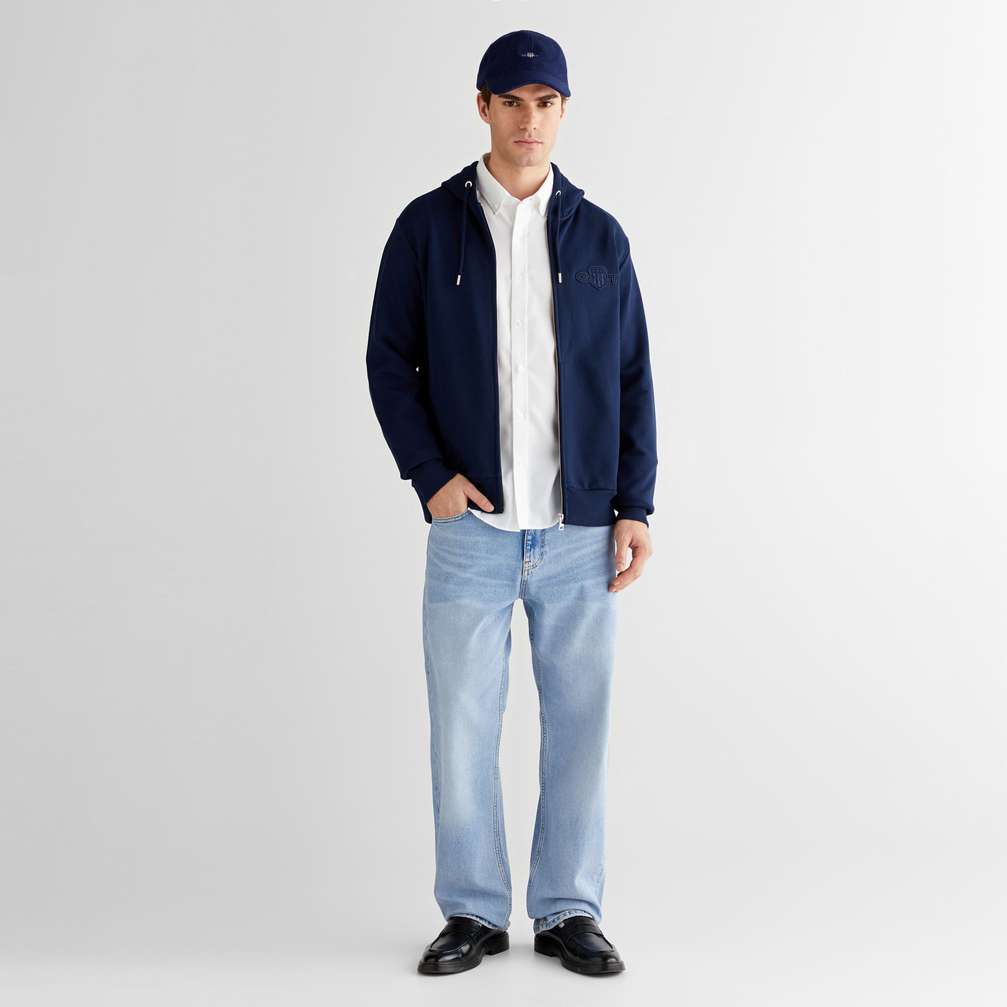 GANT Erkek Lacivert Regular Fit Kapüşonlu Fermuarlı Sweatshirt
