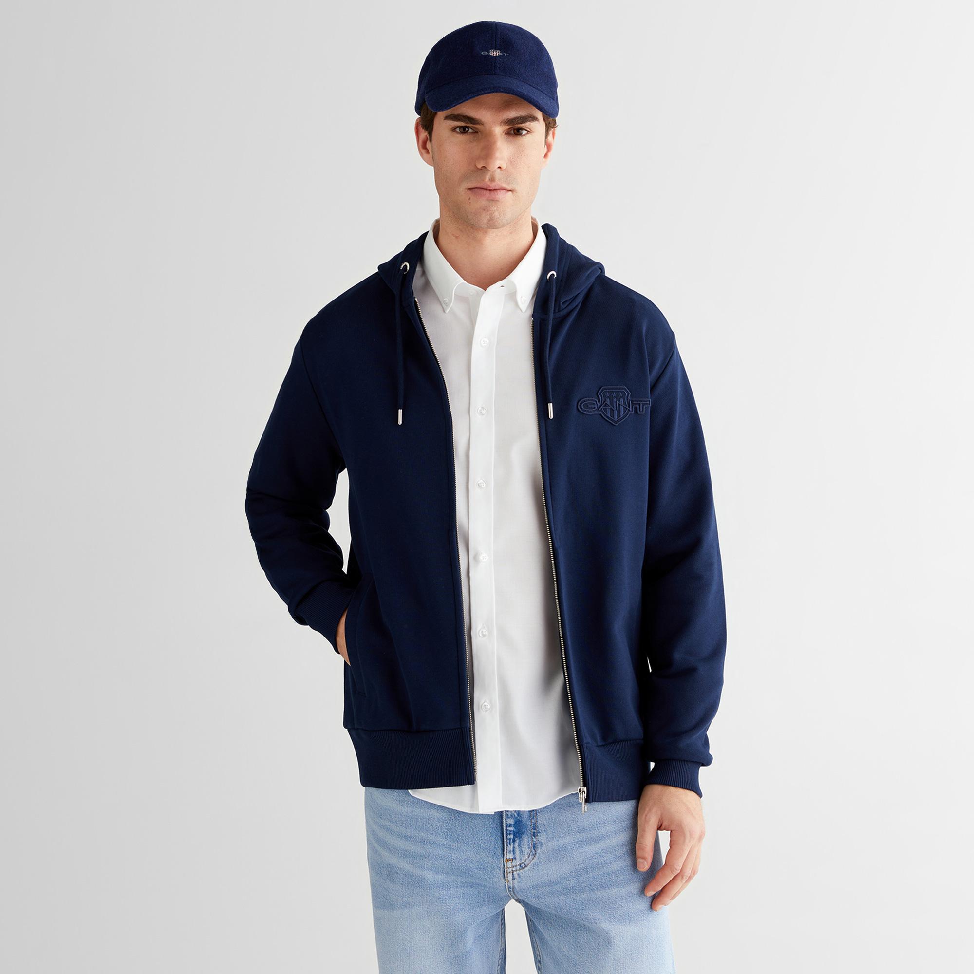 GANT Erkek Lacivert Regular Fit Kapüşonlu Fermuarlı Sweatshirt