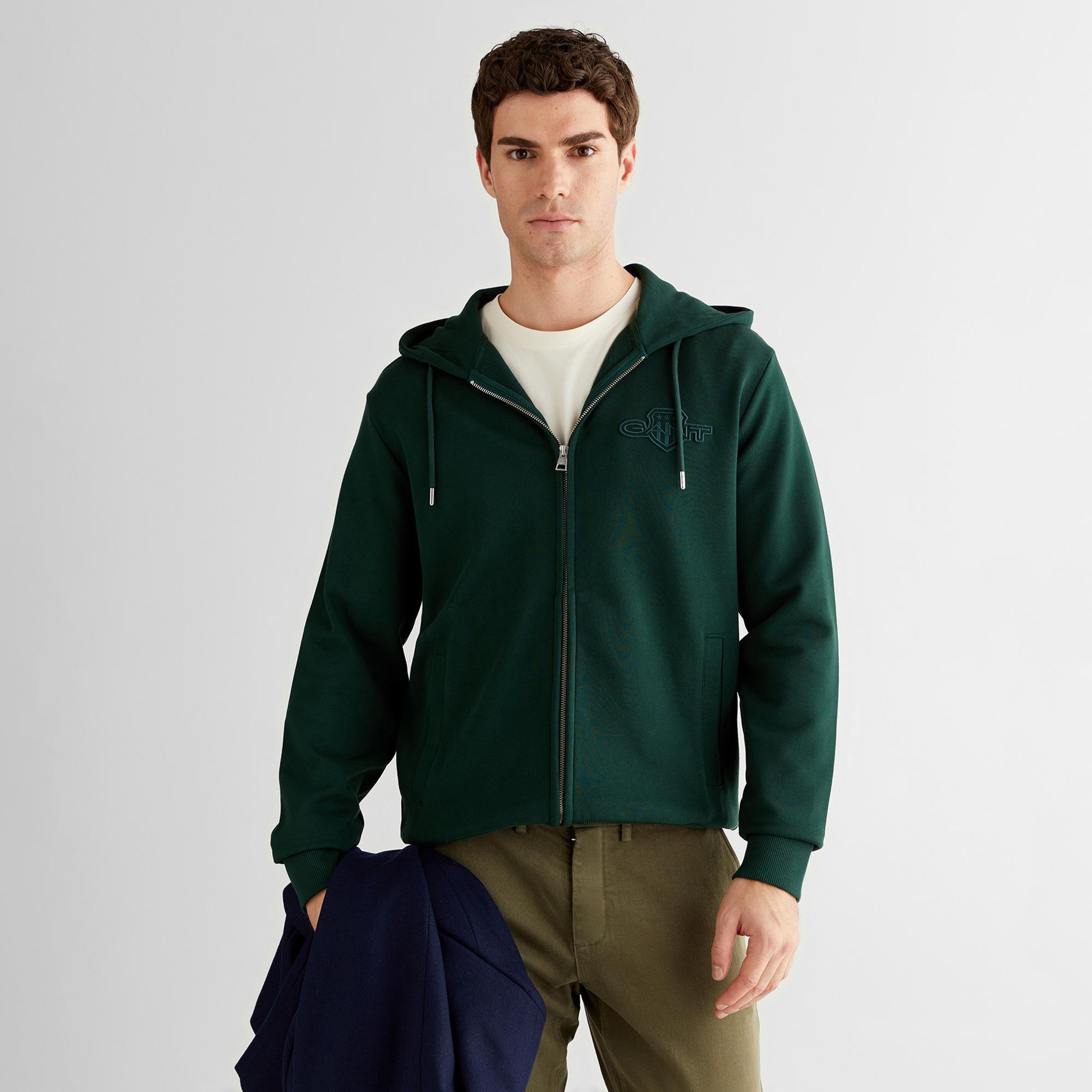 GANT Erkek Yeşil Regular Fit Kapüşonlu Fermuarlı Sweatshirt