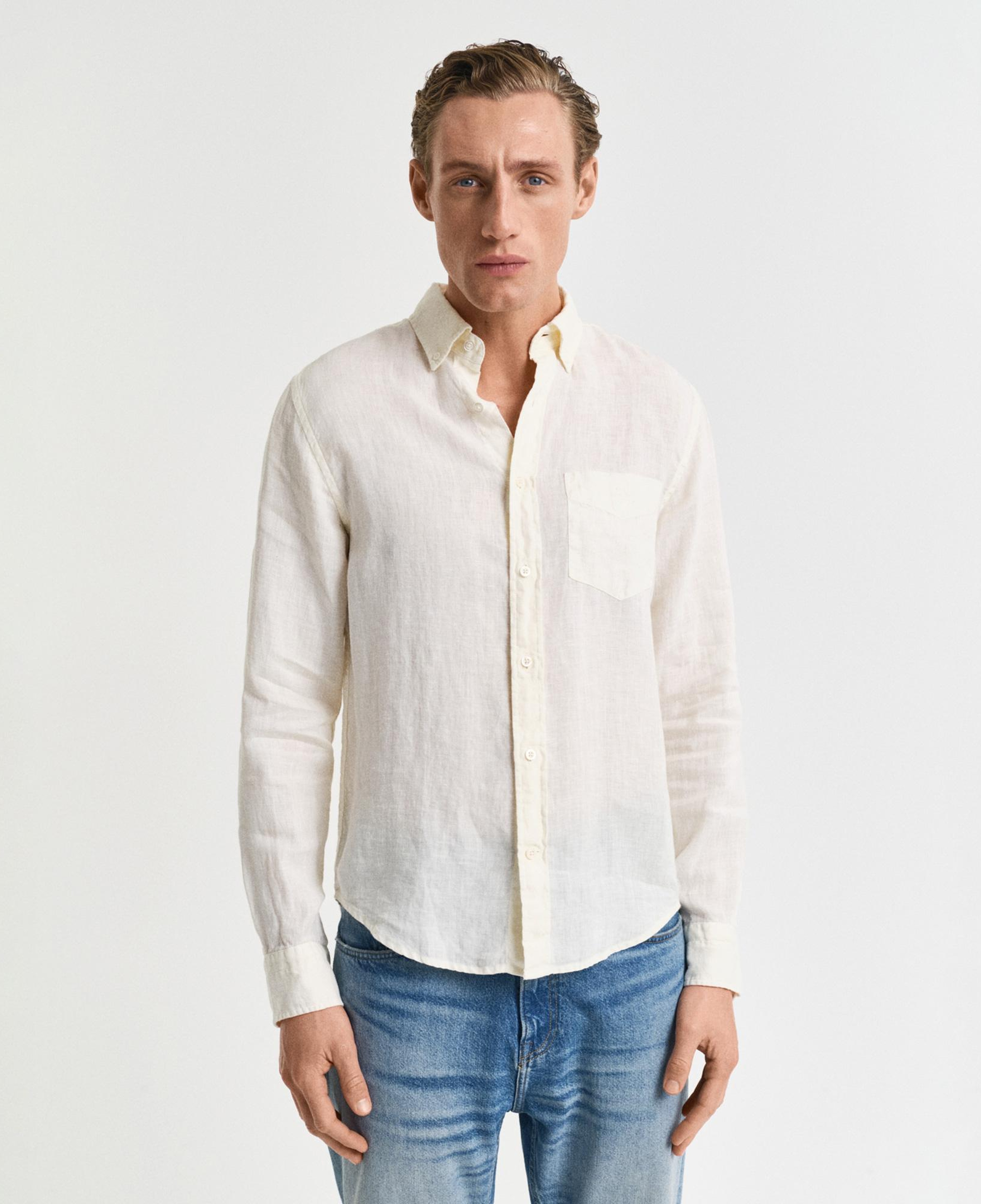 GANT Erkek Krem Regular Fit Düğmeli Yaka Keten Gömlek