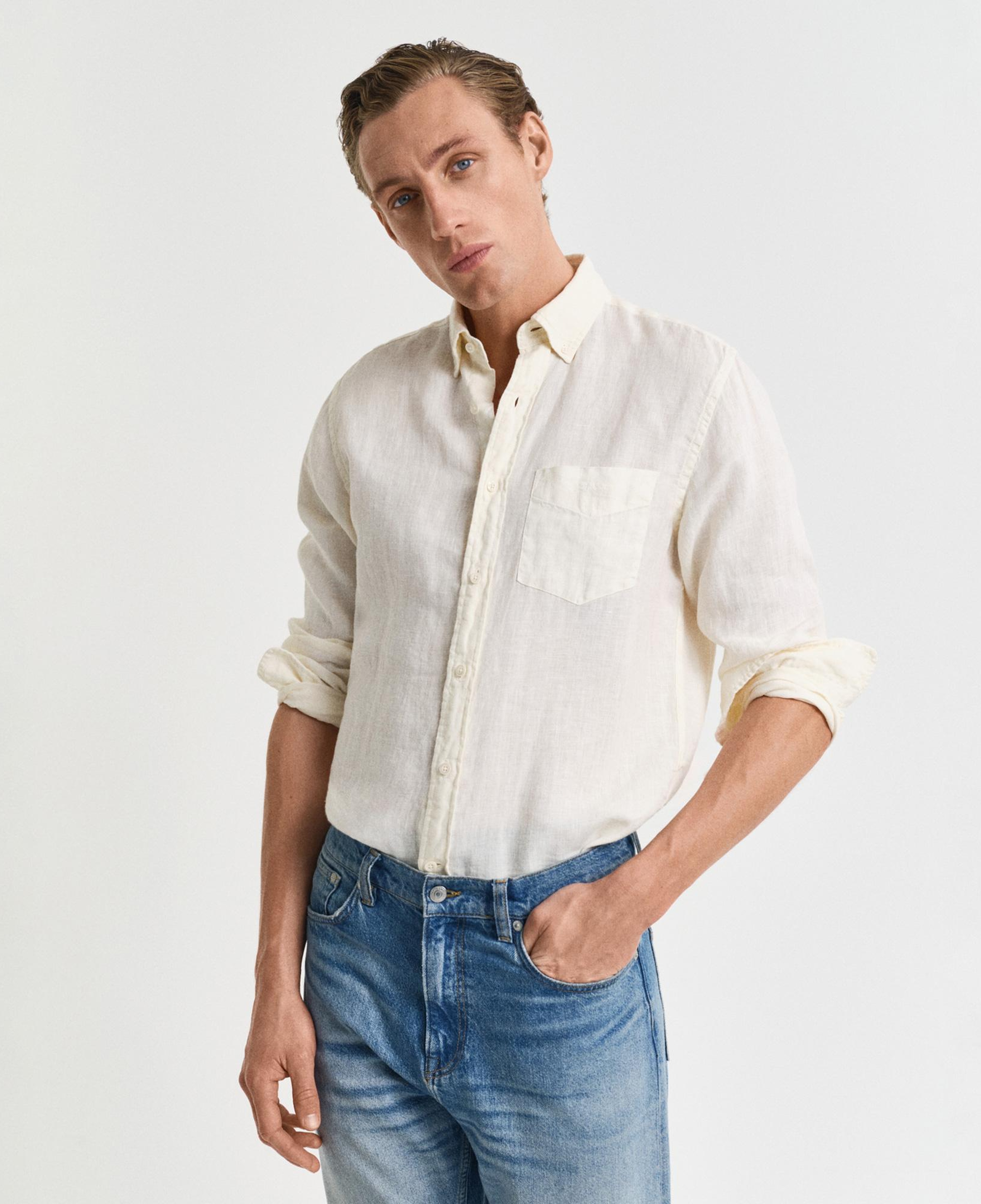 GANT Erkek Krem Regular Fit Düğmeli Yaka Keten Gömlek