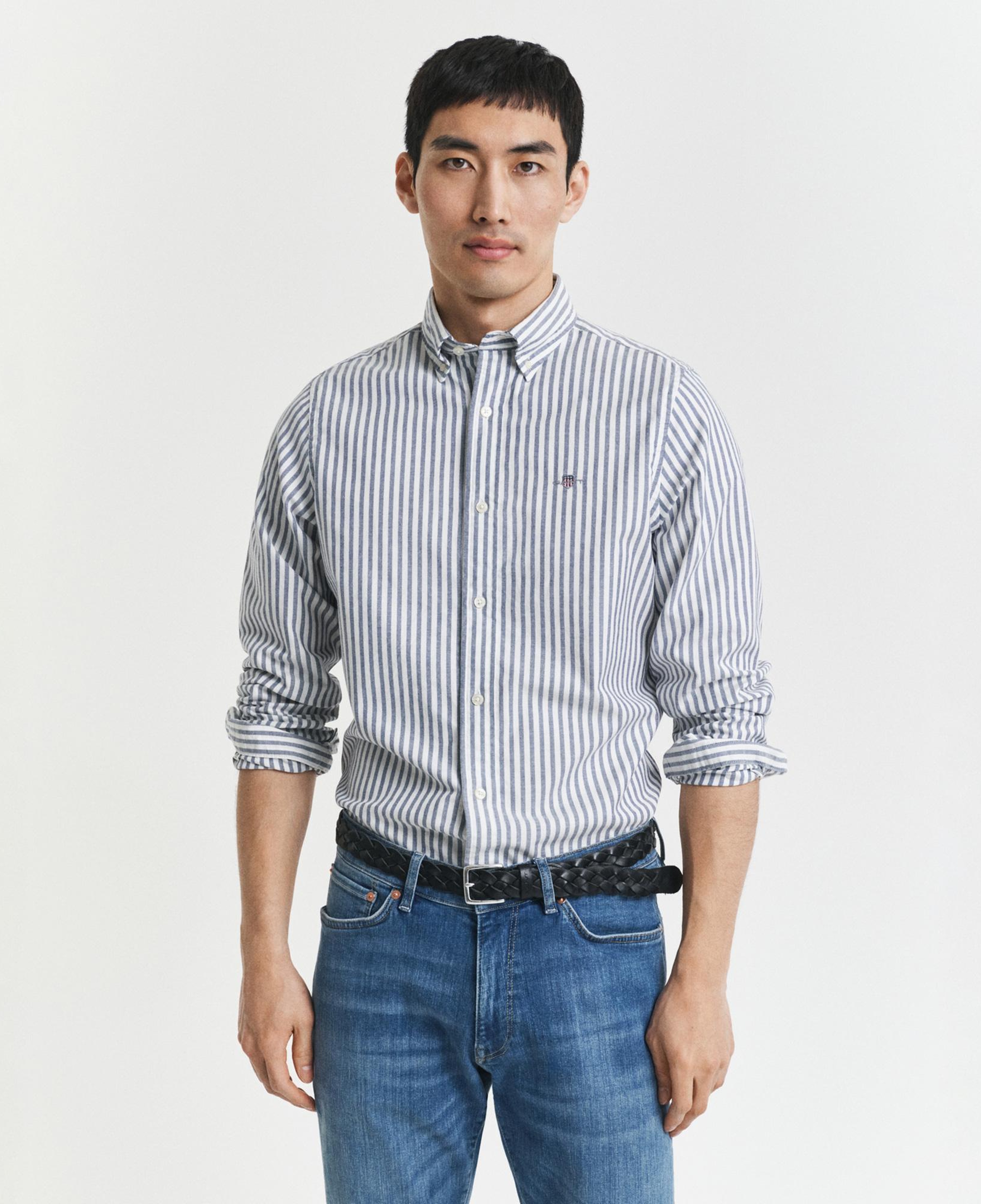 GANT Erkek Mavi Slim Fit Düğmeli Yaka Çizgili Oxford Gömlek