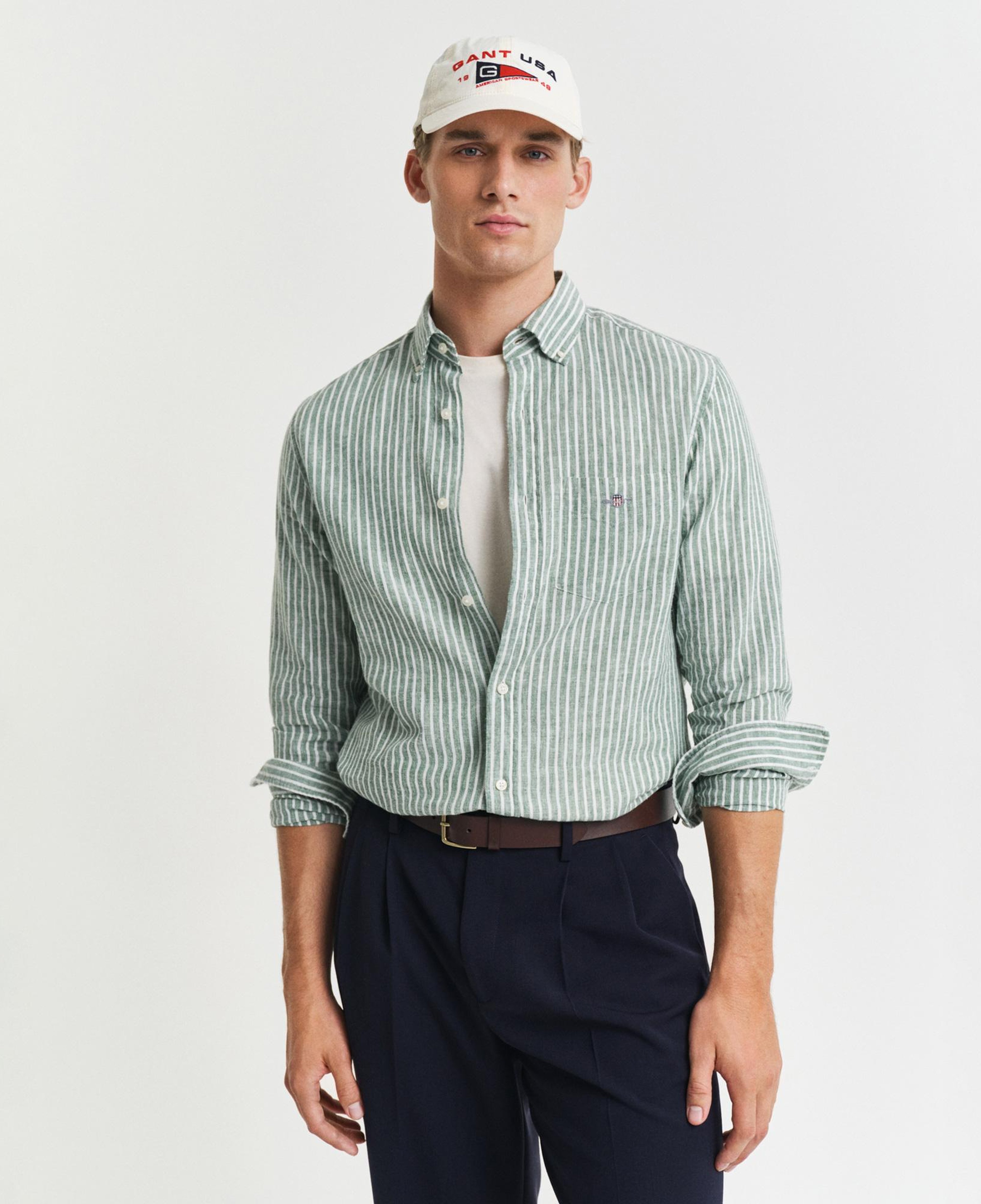 GANT Erkek Yeşil Regular Fit Düğmeli Yaka Çizgili Keten Gömlek