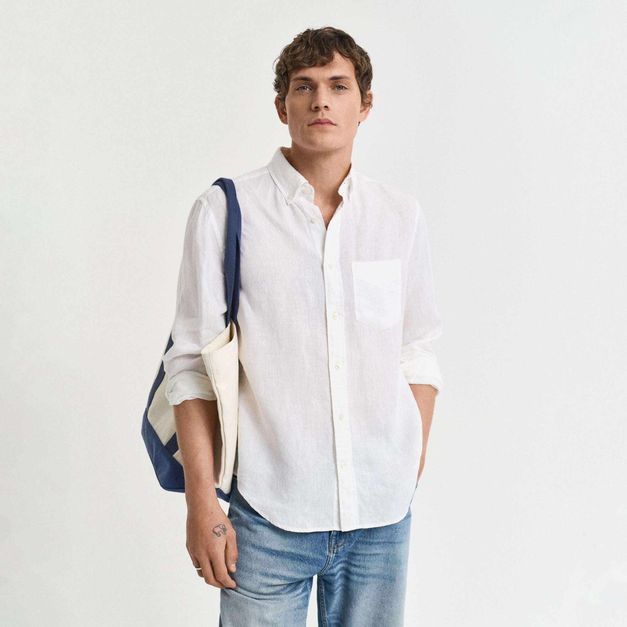 GANT Erkek Beyaz Regular Fit Düğmeli Yaka Keten Gömlek