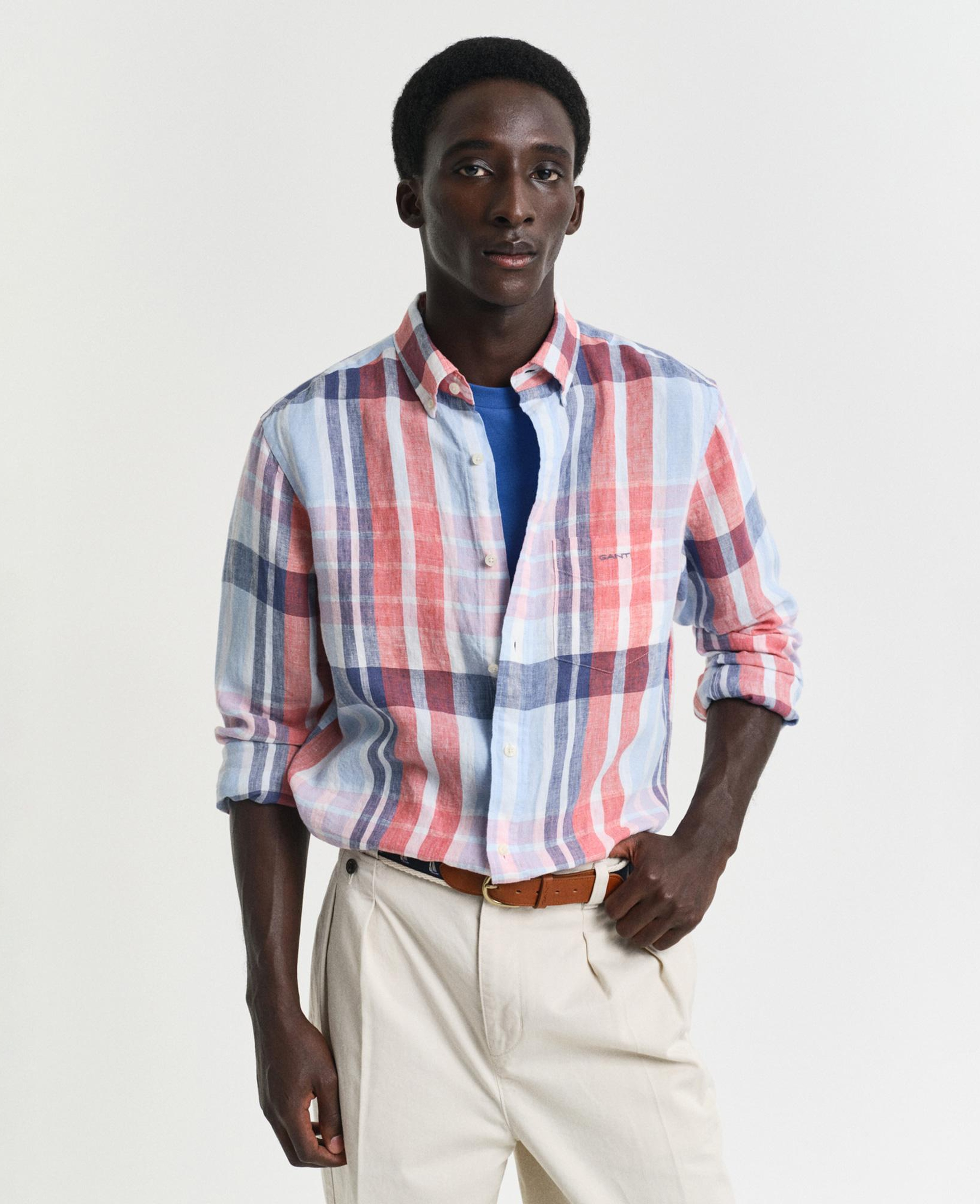 GANT Erkek Kırmızı Regular Fit Düğmeli Yaka Kareli Keten Gömlek