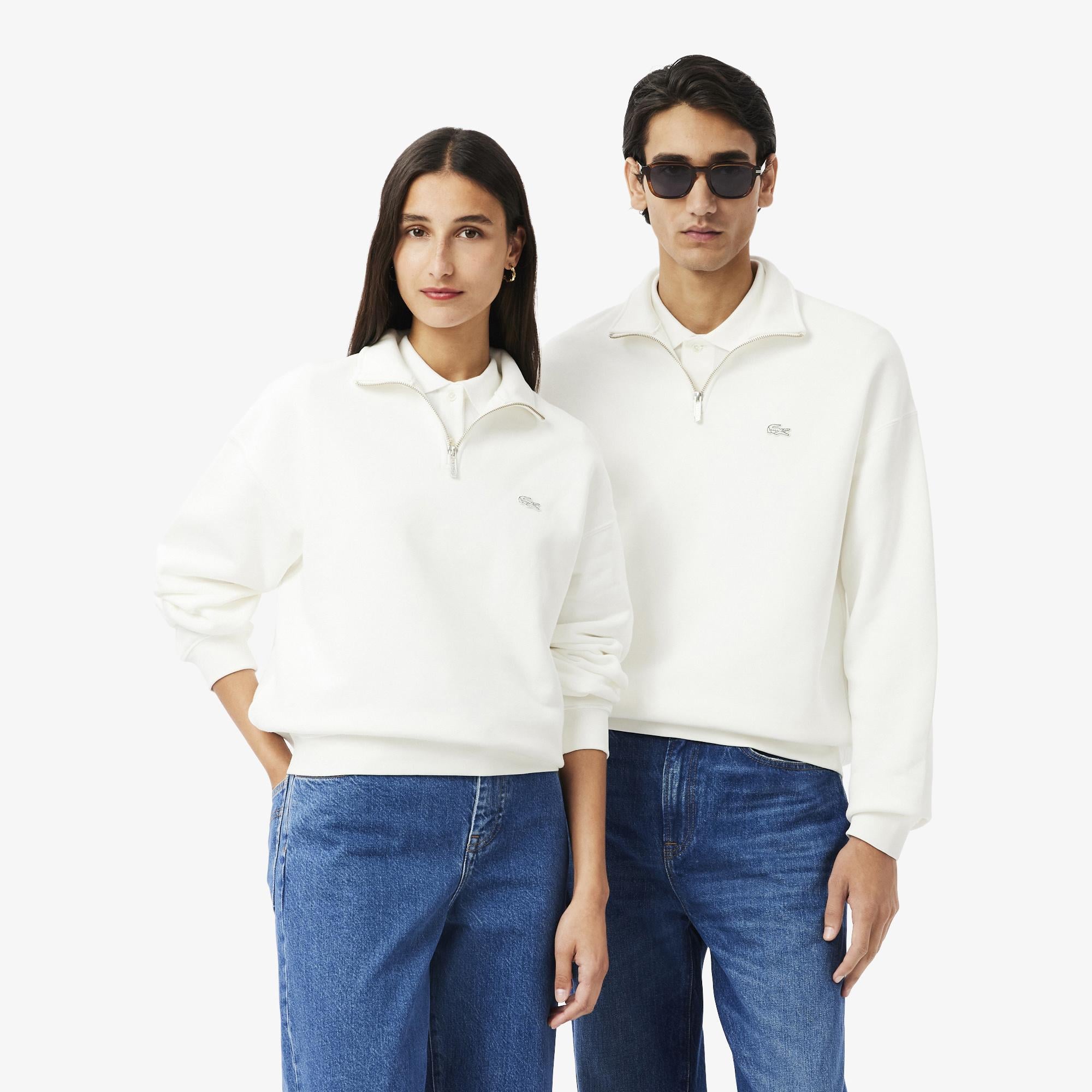 Unisex Loose Fit Yarım Fermuarlı Beyaz Sweatshirt