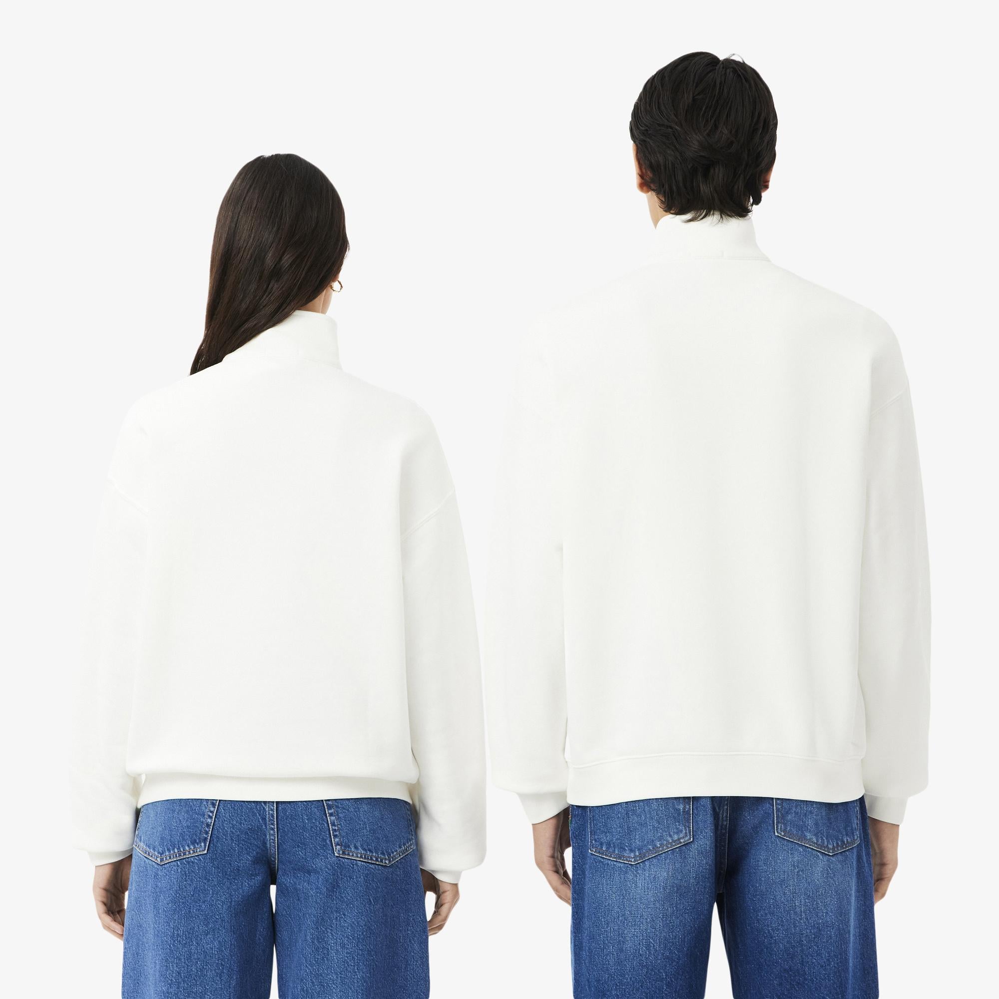 Unisex Loose Fit Yarım Fermuarlı Beyaz Sweatshirt