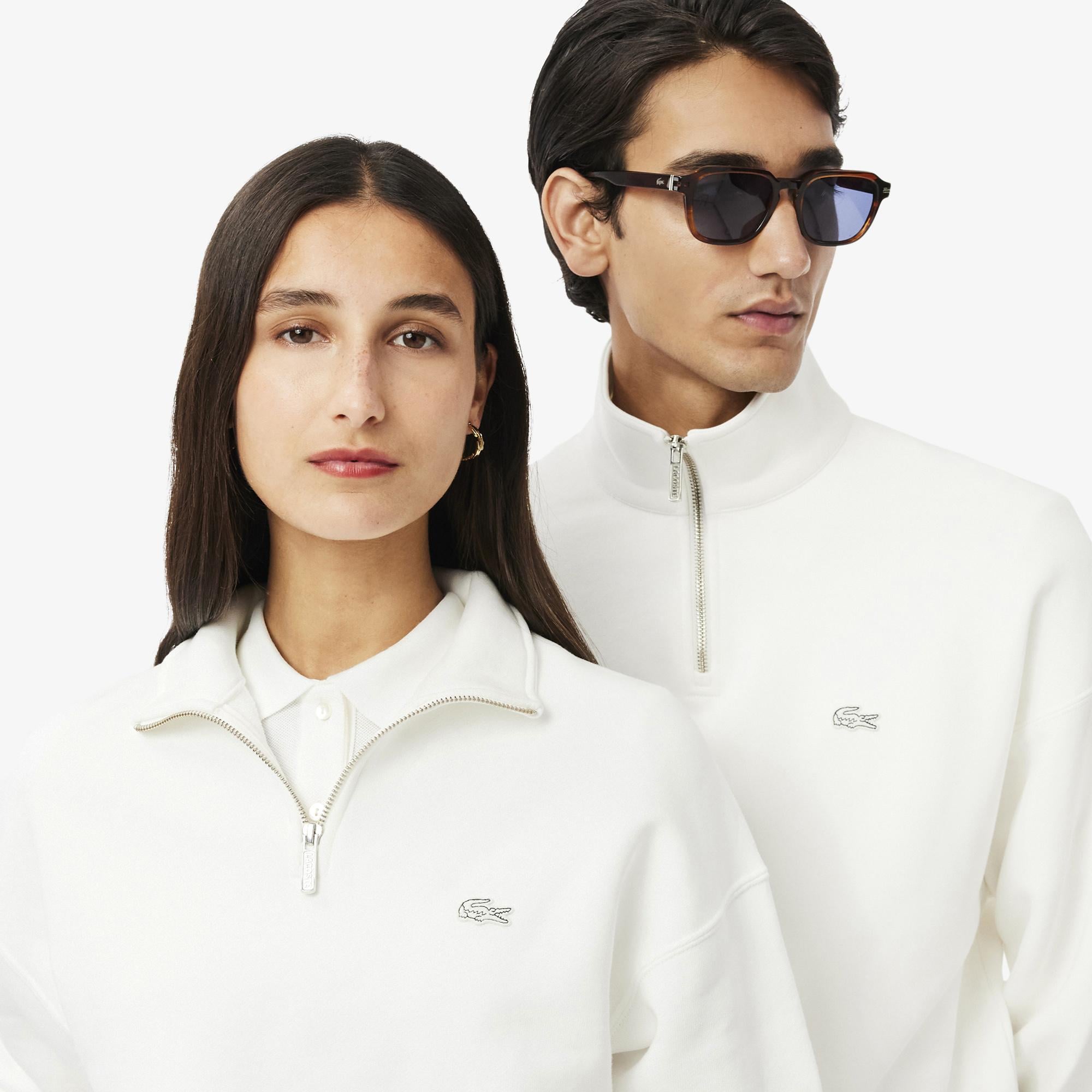 Unisex Loose Fit Yarım Fermuarlı Beyaz Sweatshirt