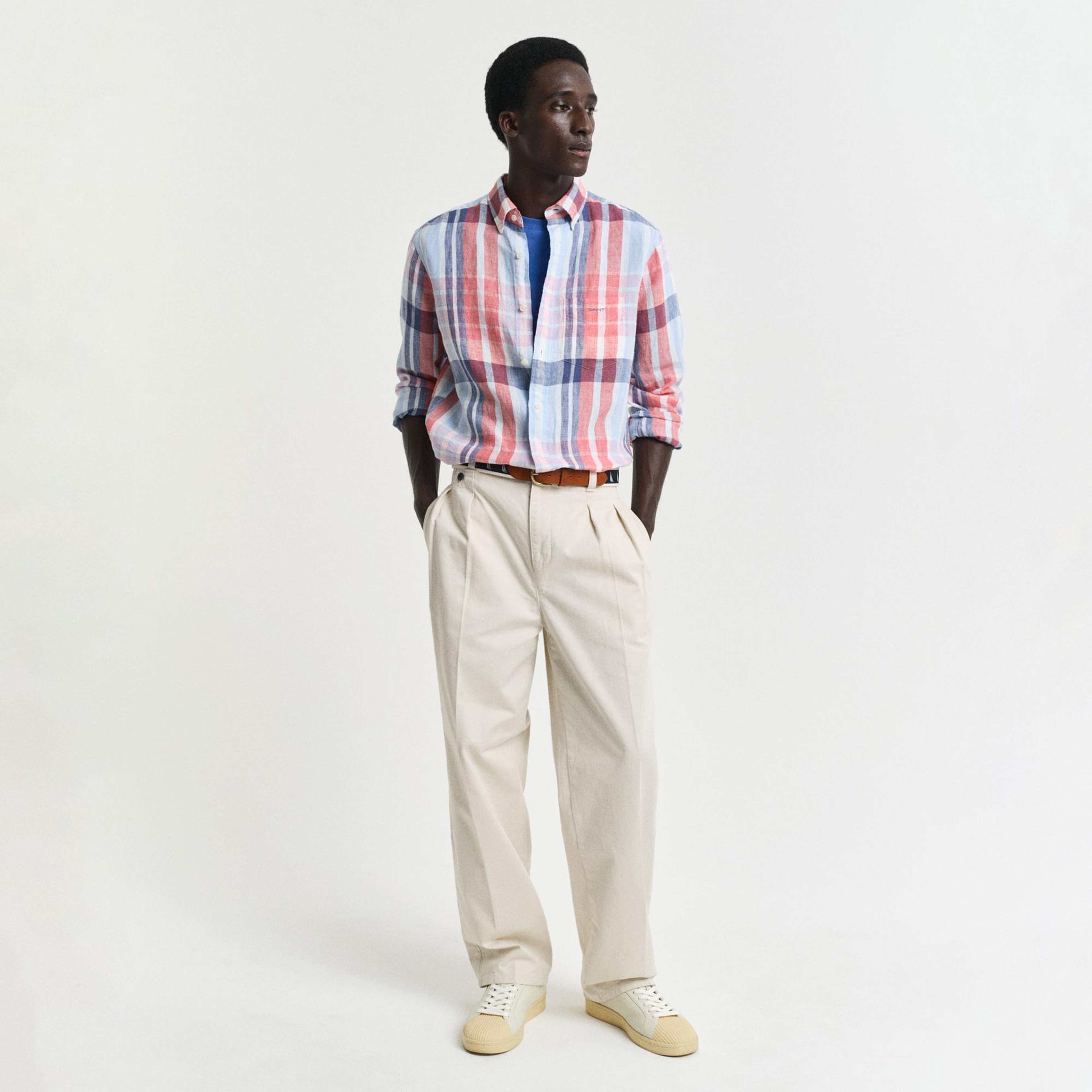 GANT Erkek Kırmızı Regular Fit Düğmeli Yaka Kareli Keten Gömlek