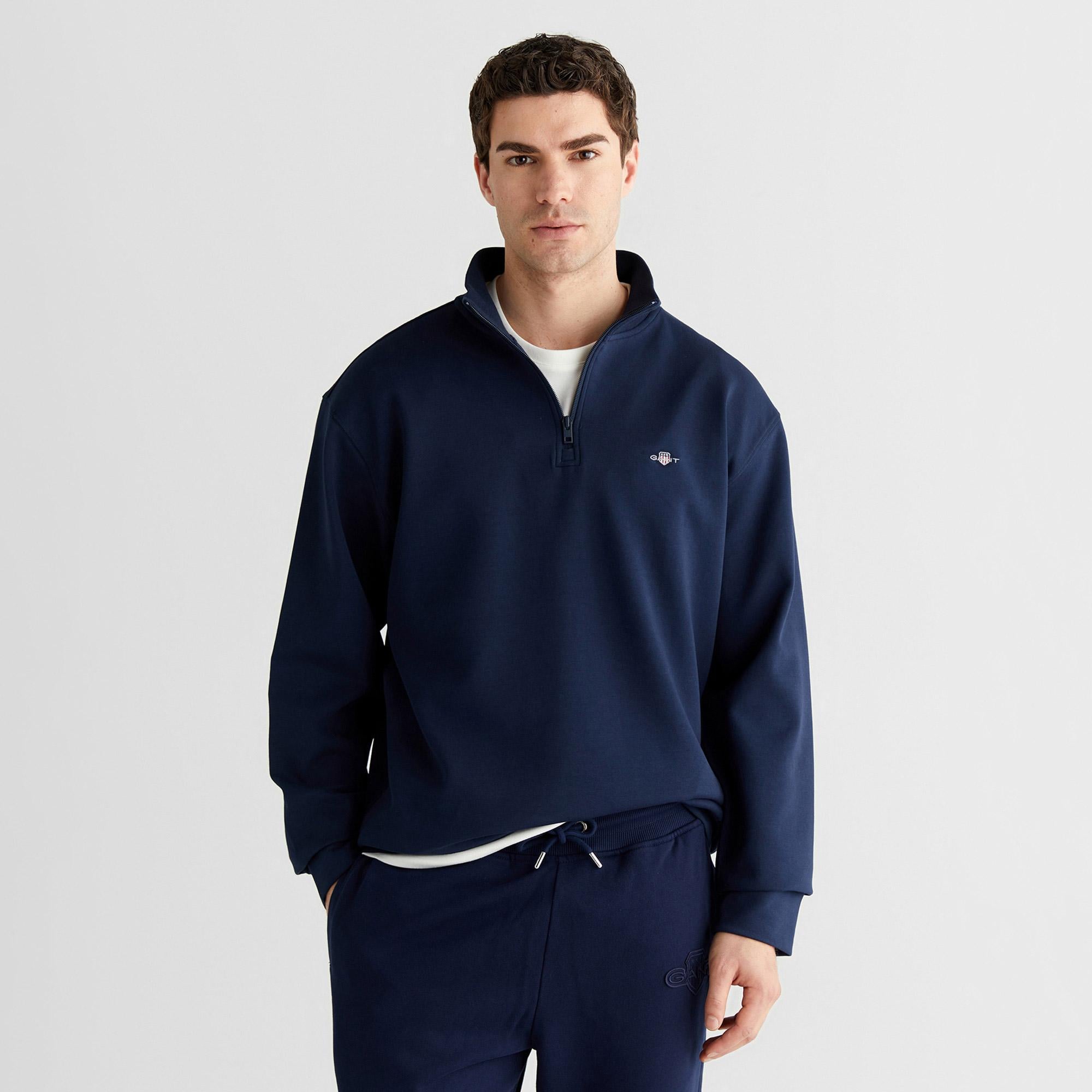 GANT Erkek Lacivert Relaxed Fit Yarım Fermuarlı Sweatshirt