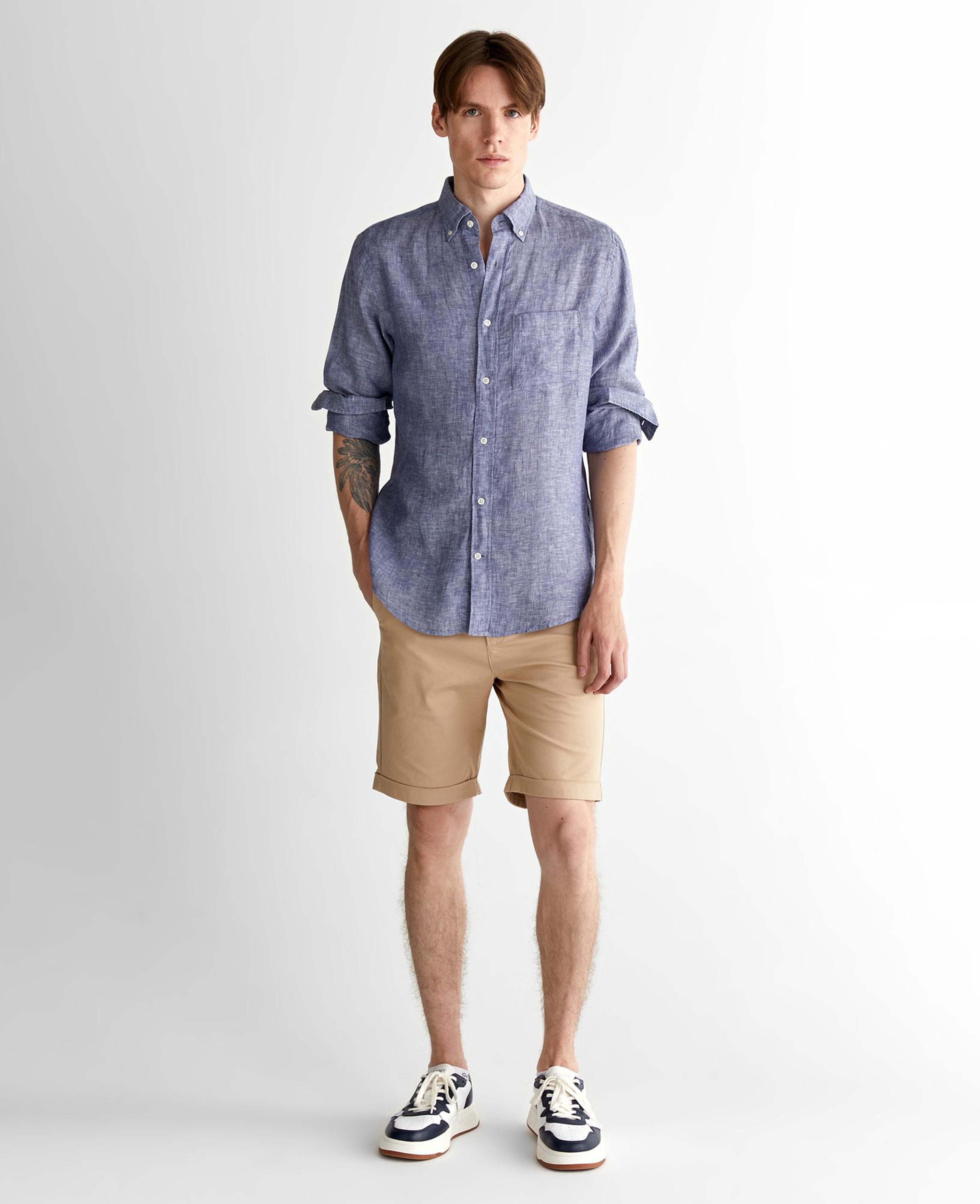 GANT Erkek Mavi Regular Fit Düğmeli Yaka Keten Gömlek