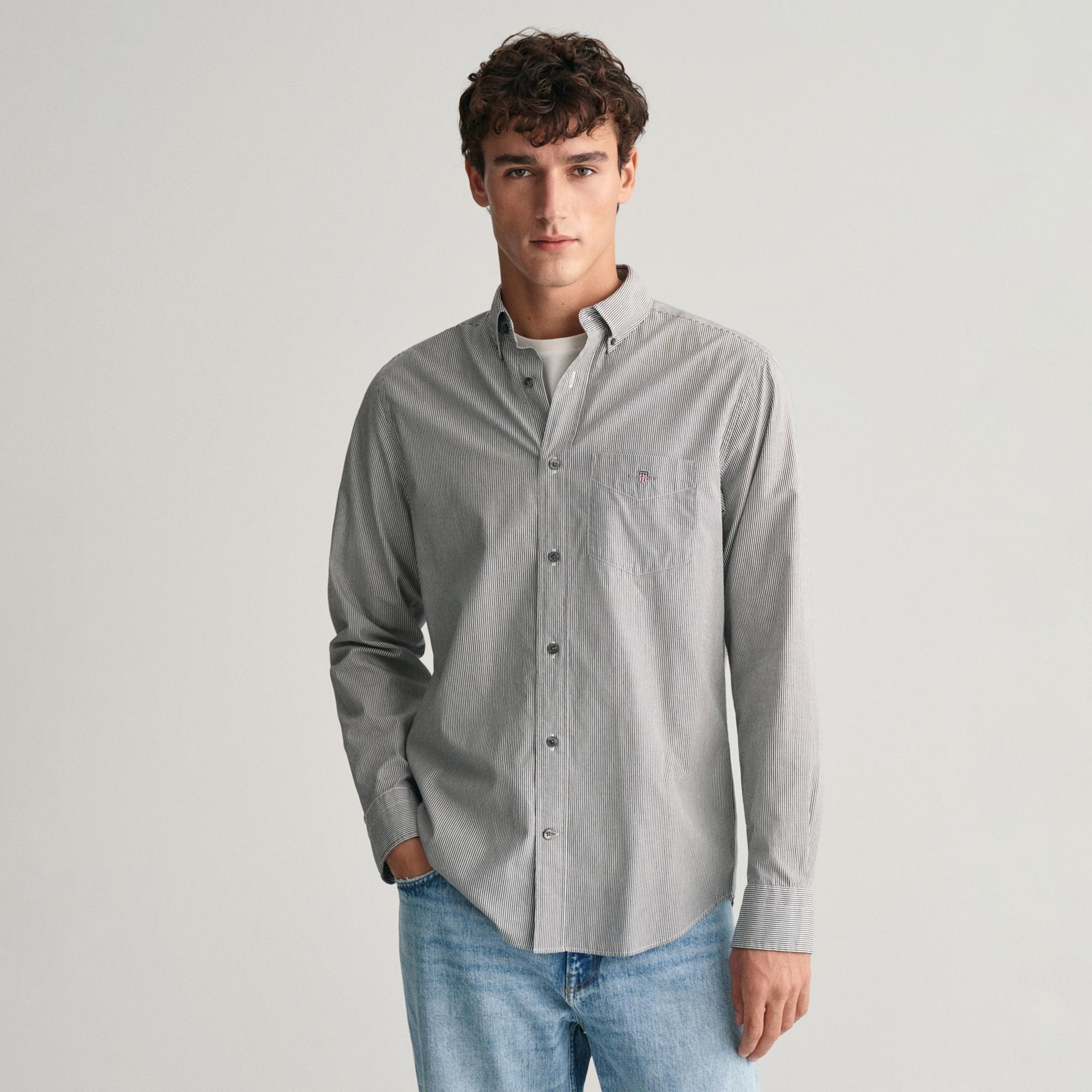 GANT Erkek Siyah Regular Fit Düğmeli Yaka Çizgili Gömlek
