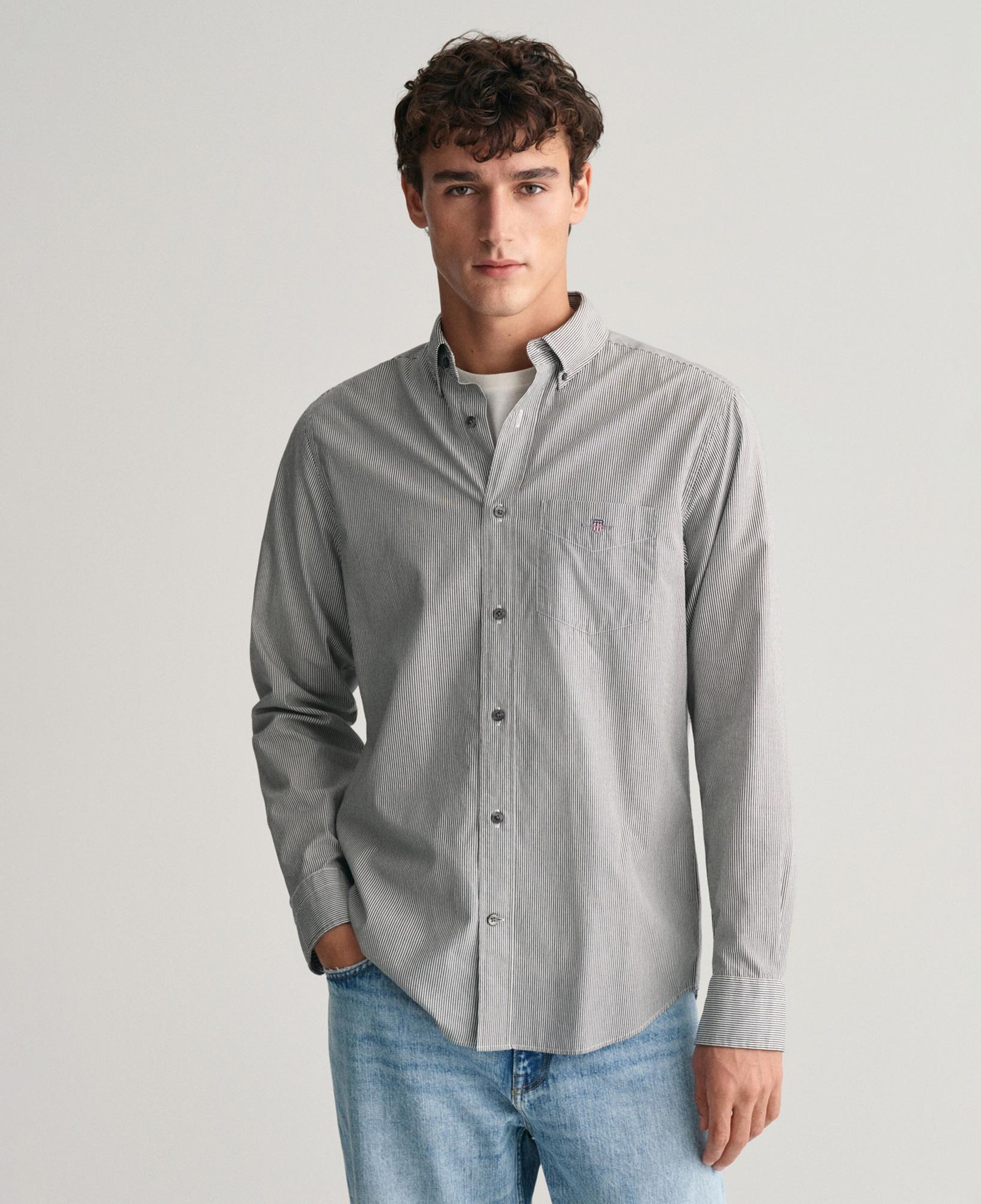GANT Erkek Siyah Regular Fit Düğmeli Yaka Çizgili Gömlek