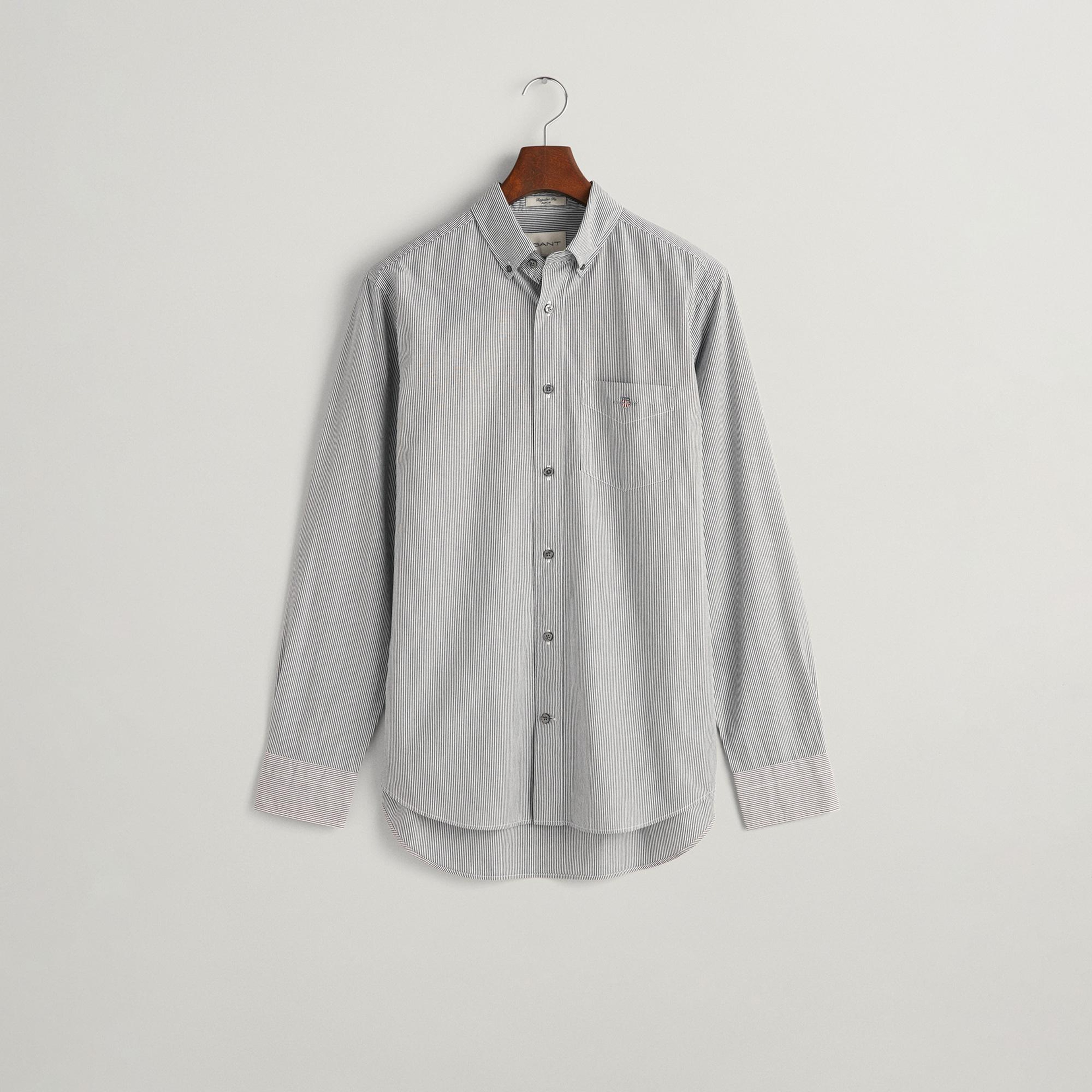 GANT Erkek Siyah Regular Fit Düğmeli Yaka Çizgili Gömlek