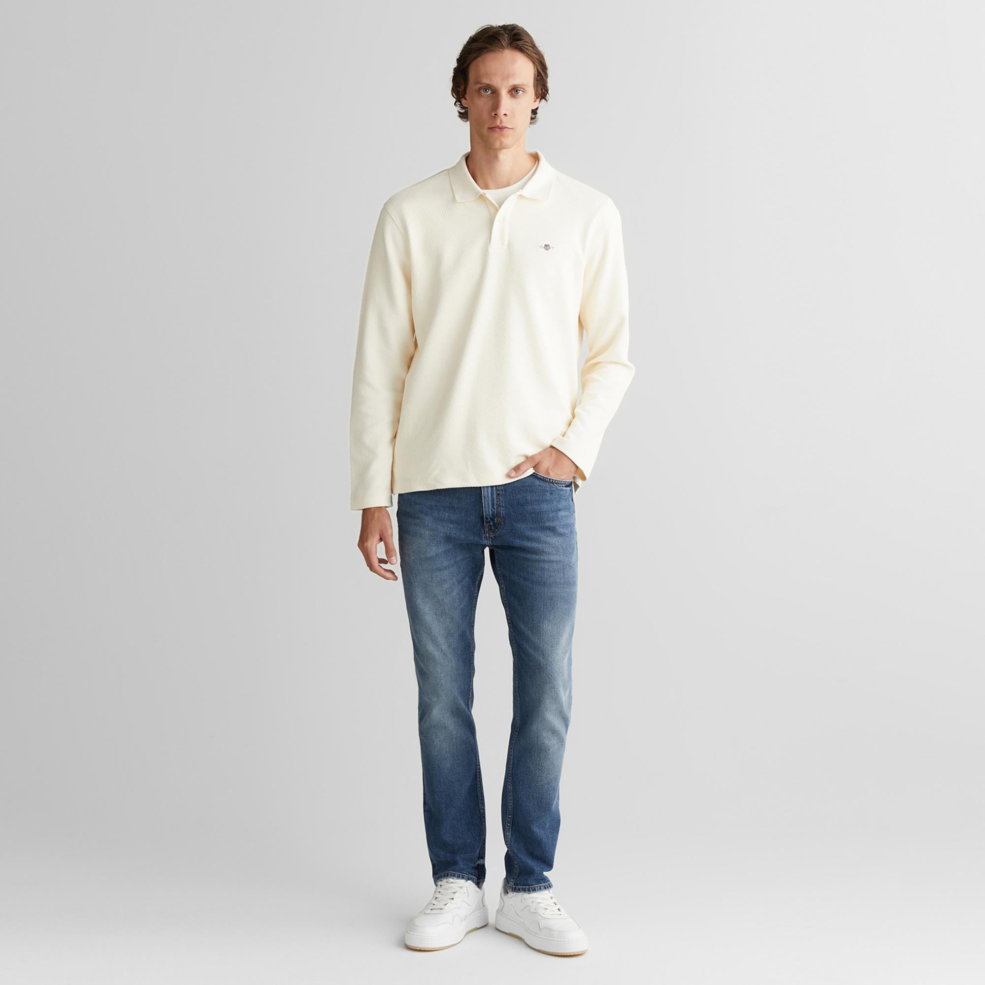 GANT Erkek Krem Relaxed Fit Polo Yaka Uzun Kollu T-Shirt